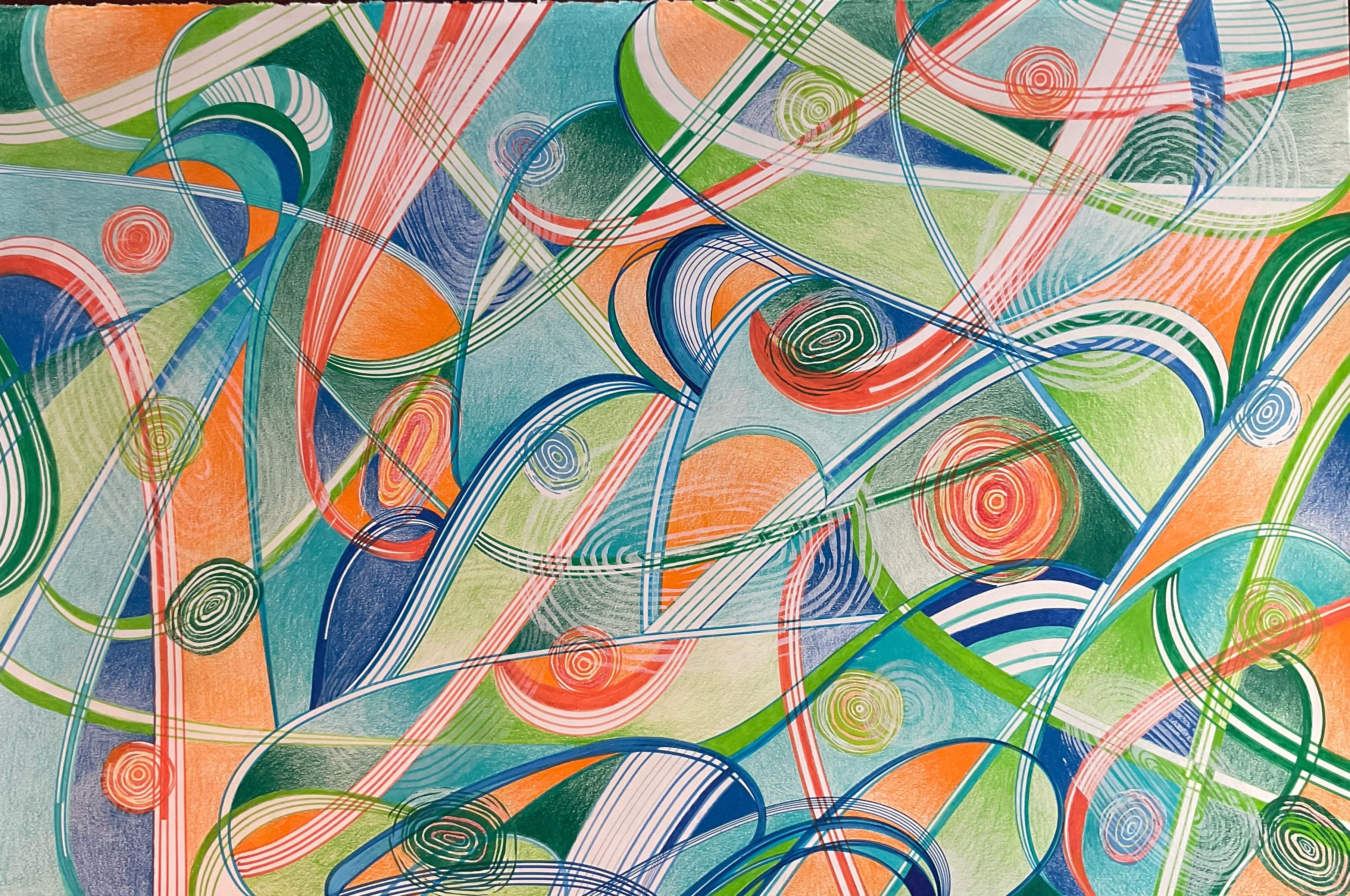 Contemporary 'OUTSIDE THE BOX' - Relief print, acrylic, and color pencil Linda Gelbard