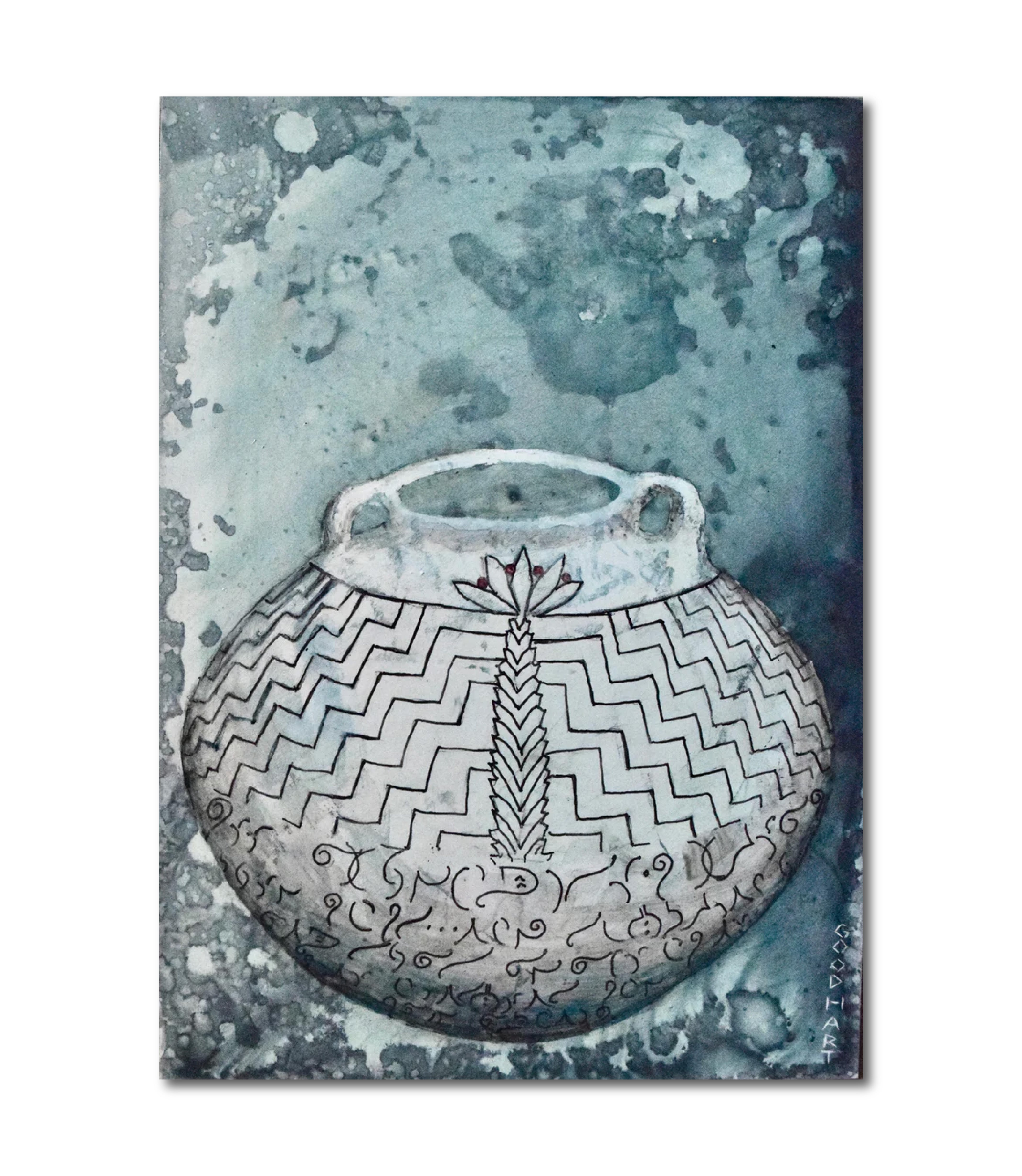 Figurative Ink Oil Watercolor 'PALM VESSEL' - Mixed Media on Panel Laurie Goodhart