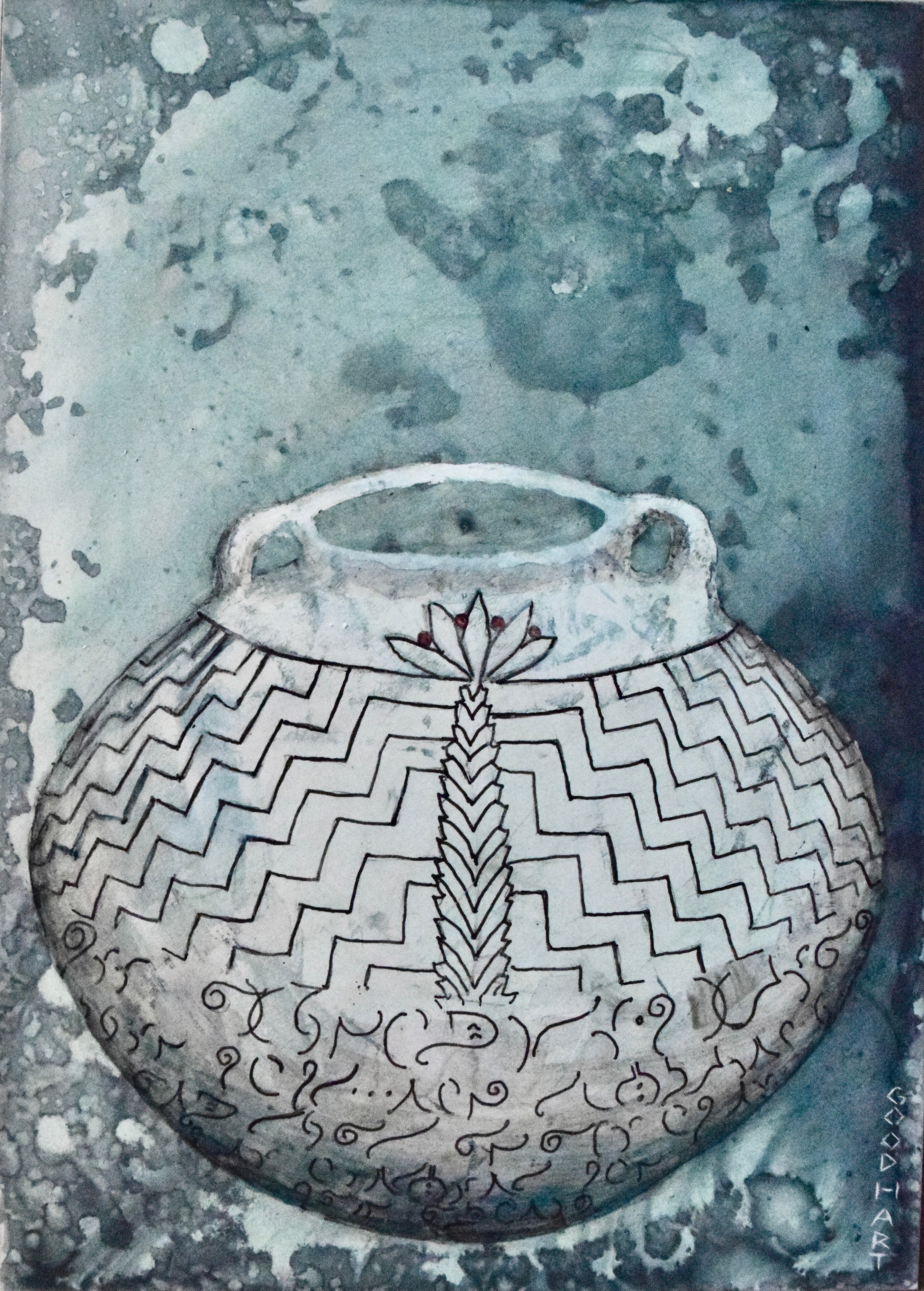 Figurative Ink Oil Watercolor 'PALM VESSEL' - Mixed Media on Panel Laurie Goodhart