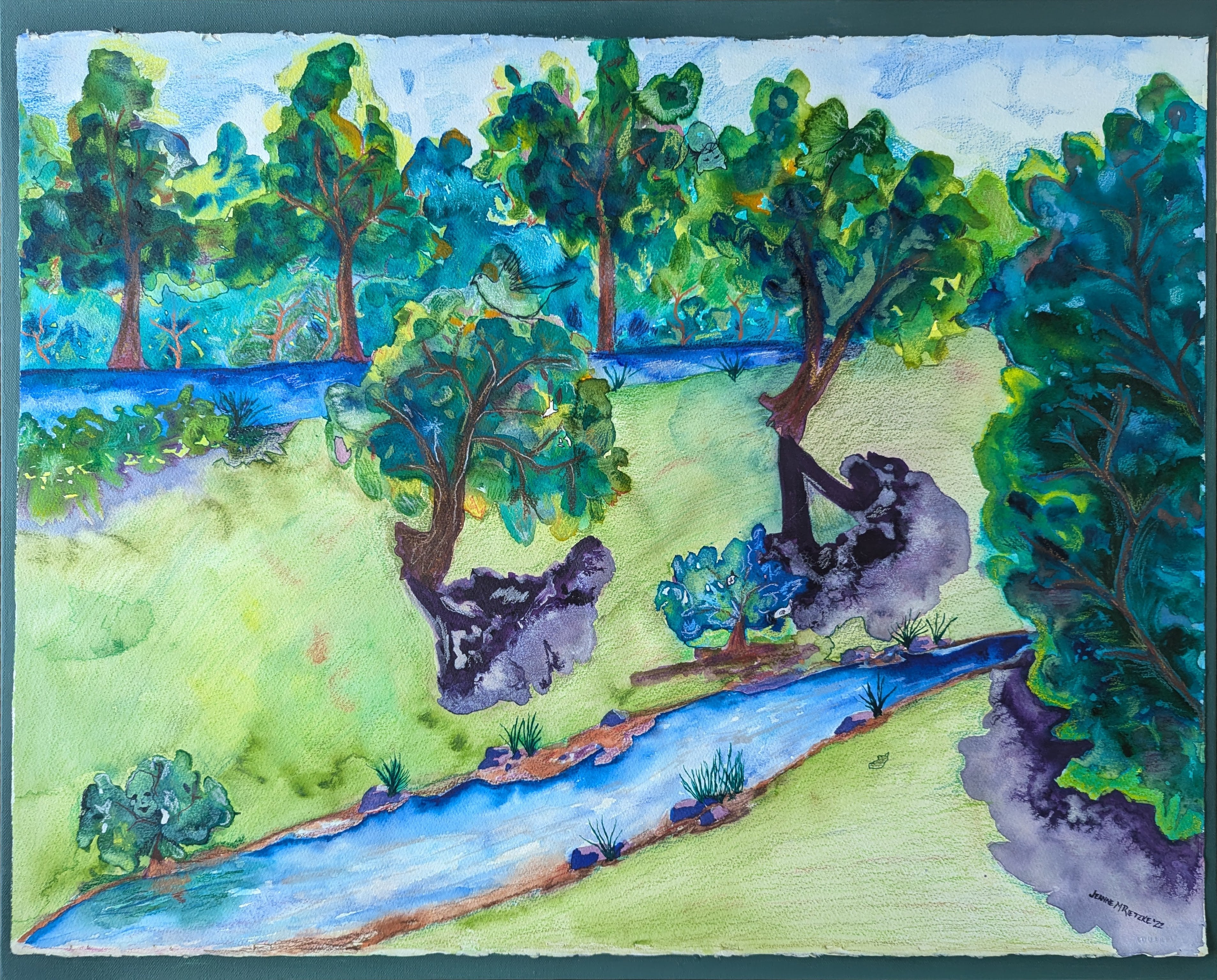 Abstract Contemporary Landscape Pencil Watercolor Peace And An Upside Down Cat Jeanne McIntosh Rietzke