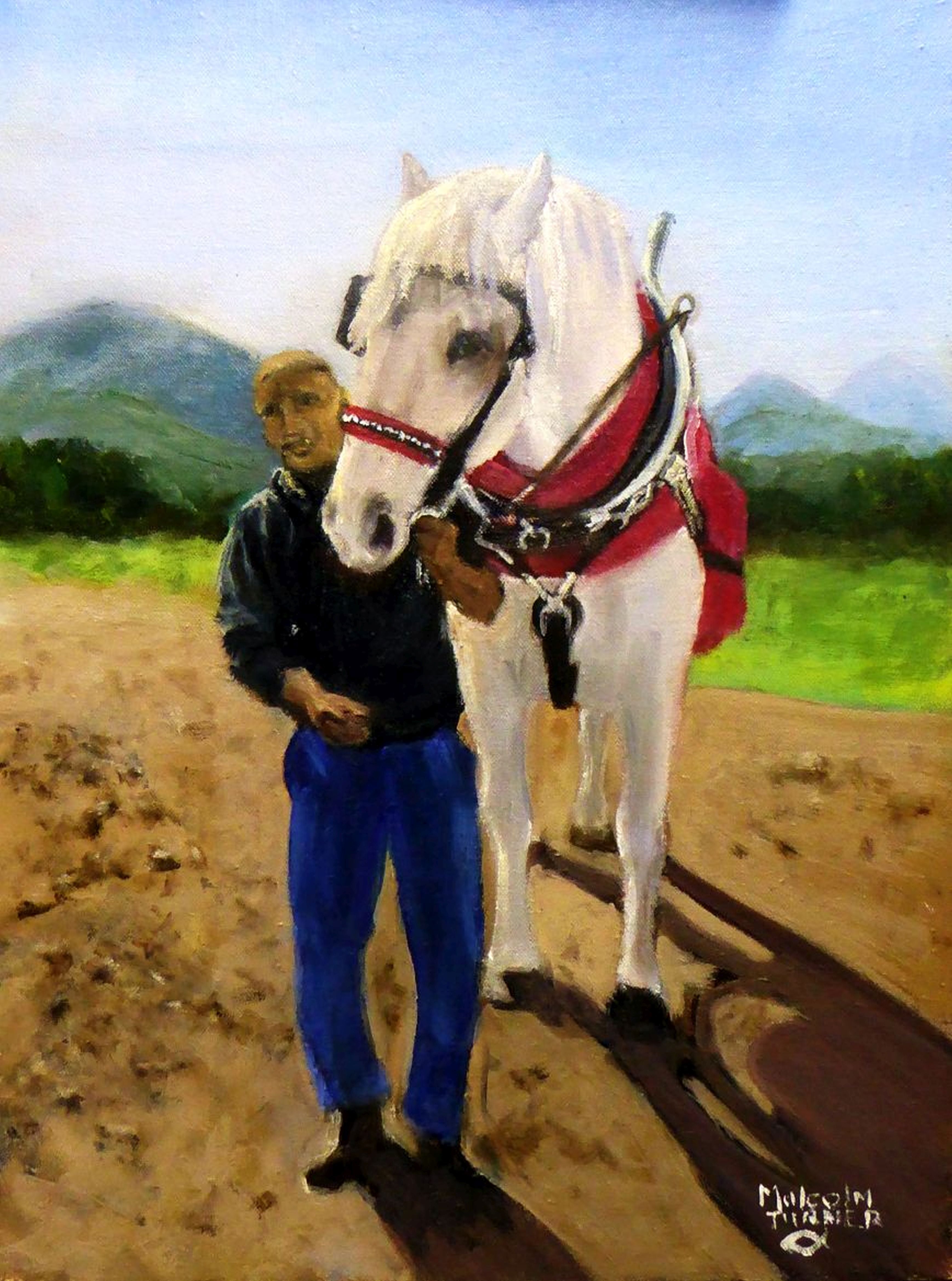 Figurative 'PERCHERON BEAUTY AND CARER' - Oil Painting on Stretched Canvas Malcolm Turner