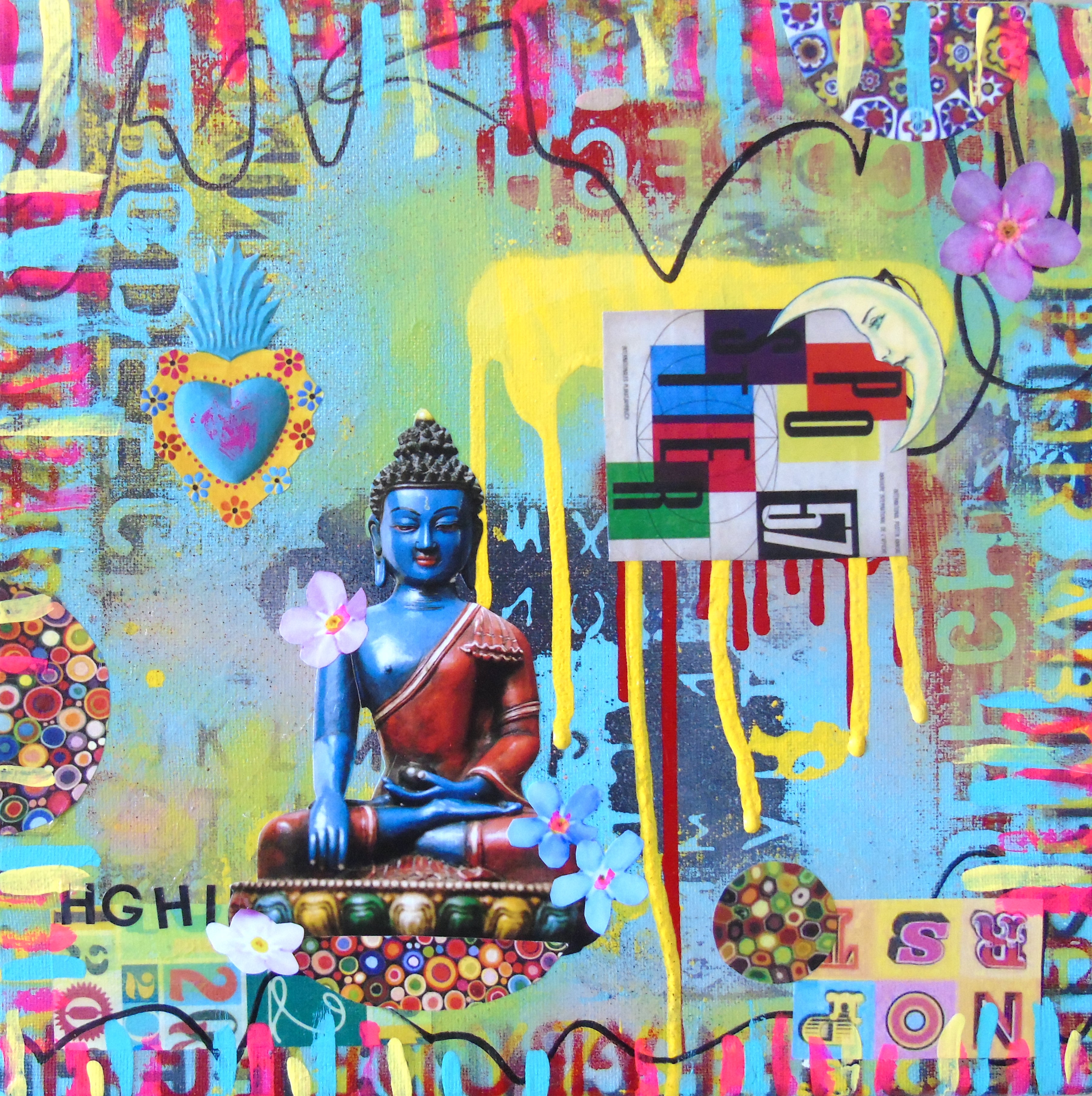 Abstract Acrylic Collage Contemporary Expressionist Figurative Surrealism Visionary 'POETRY BUDDHA' - Mixed media on canvas Lorette C. Luzajic