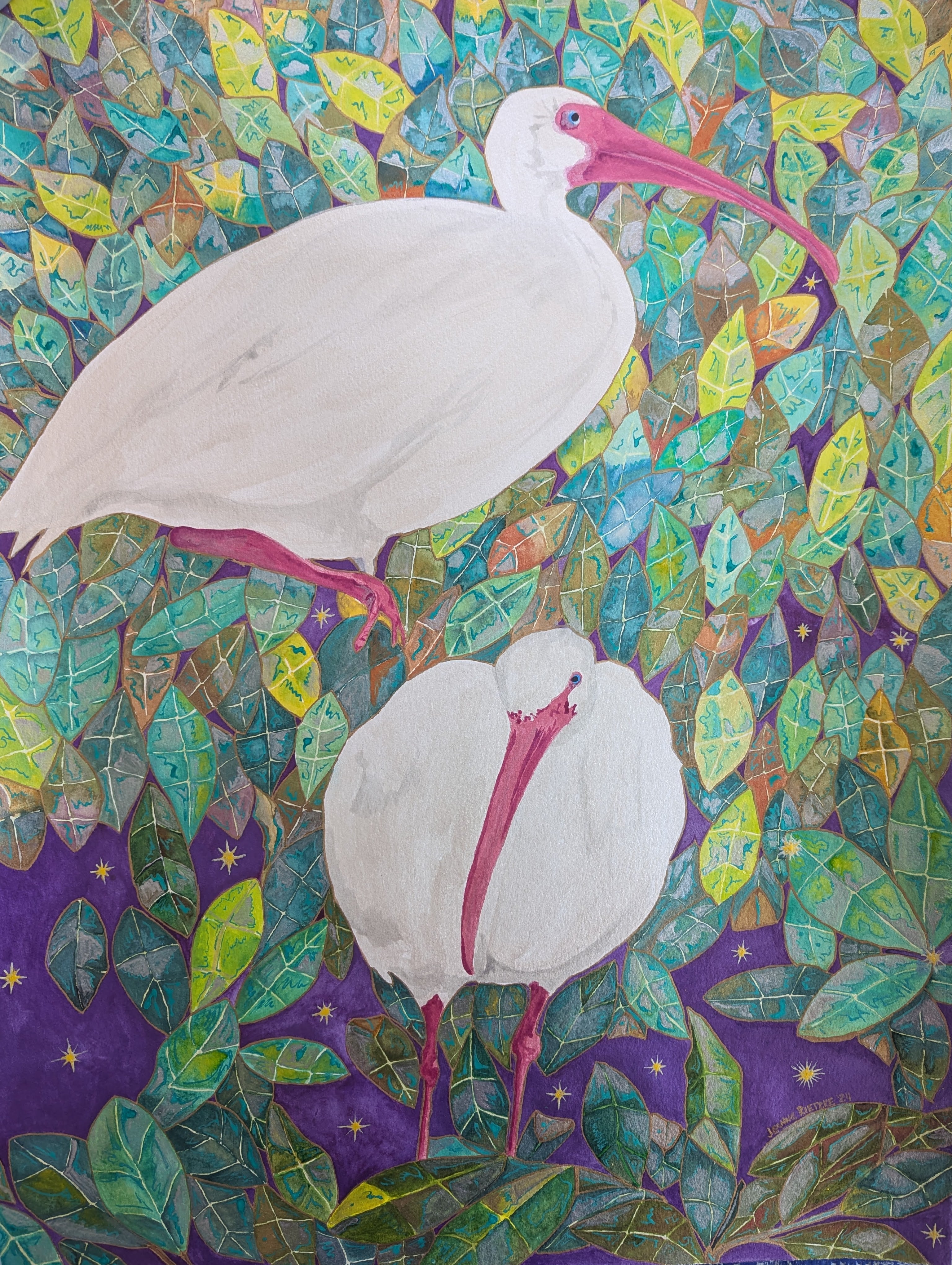 Ink Painting Watercolor Purple Night With Ibis Jeanne McIntosh Rietzke