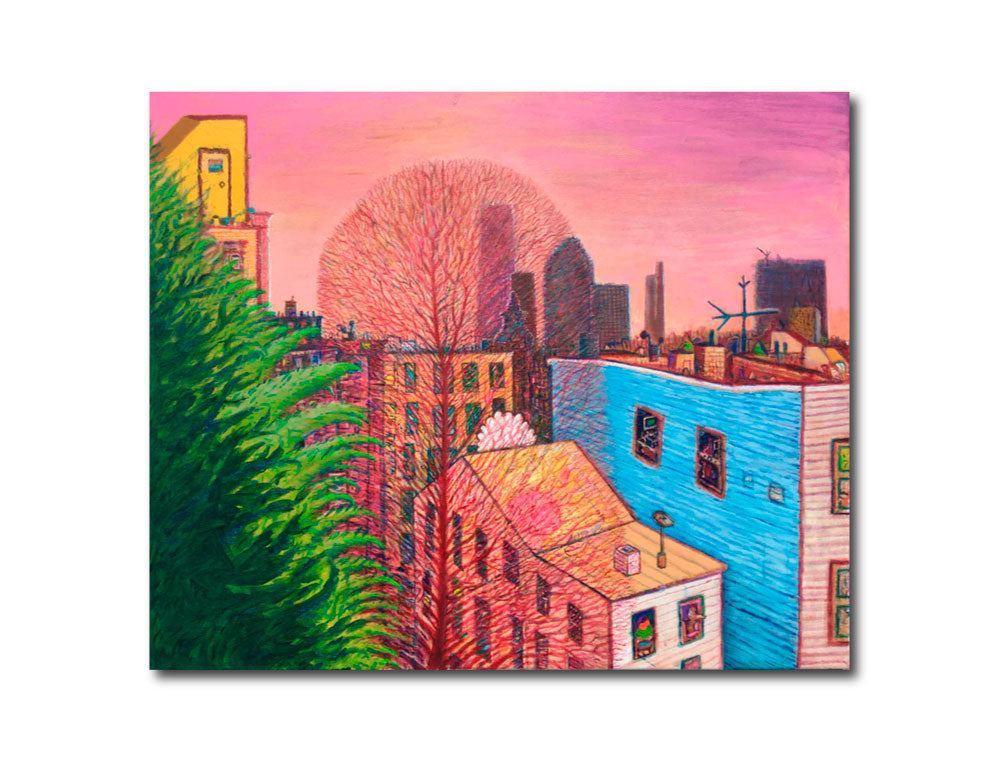 Acrylic Contemporary Landscape Painting Psychedelic Surrealism 'QUARANTINE VIEW FROM BROOKLYN STUDIO' - Acrylic on Canvas Andrew Abbott