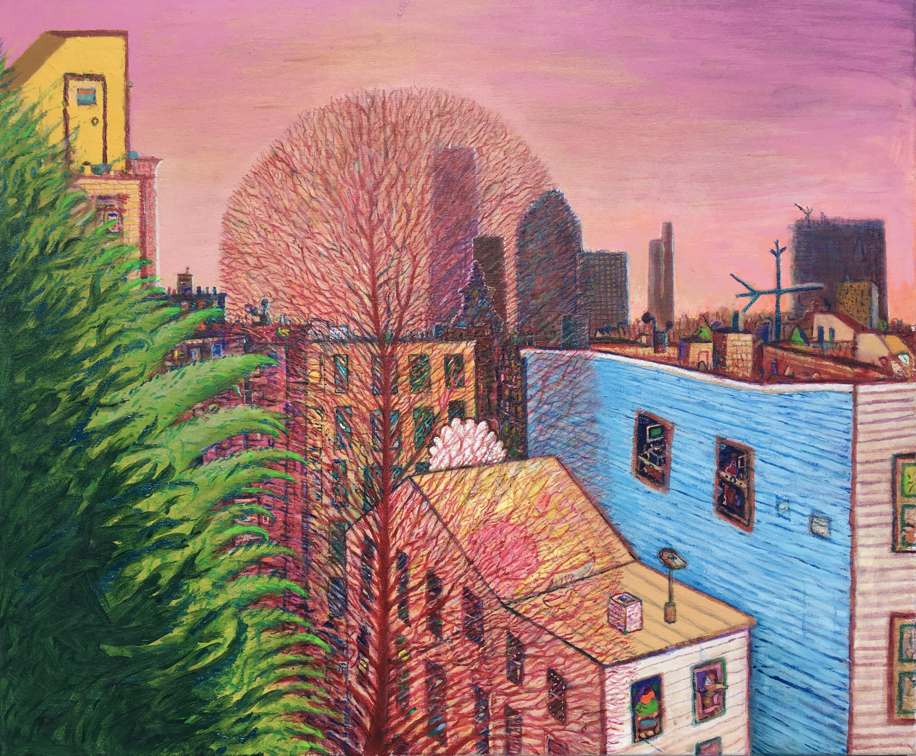 Acrylic Contemporary Landscape Painting Psychedelic Surrealism 'QUARANTINE VIEW FROM BROOKLYN STUDIO' - Acrylic on Canvas Andrew Abbott