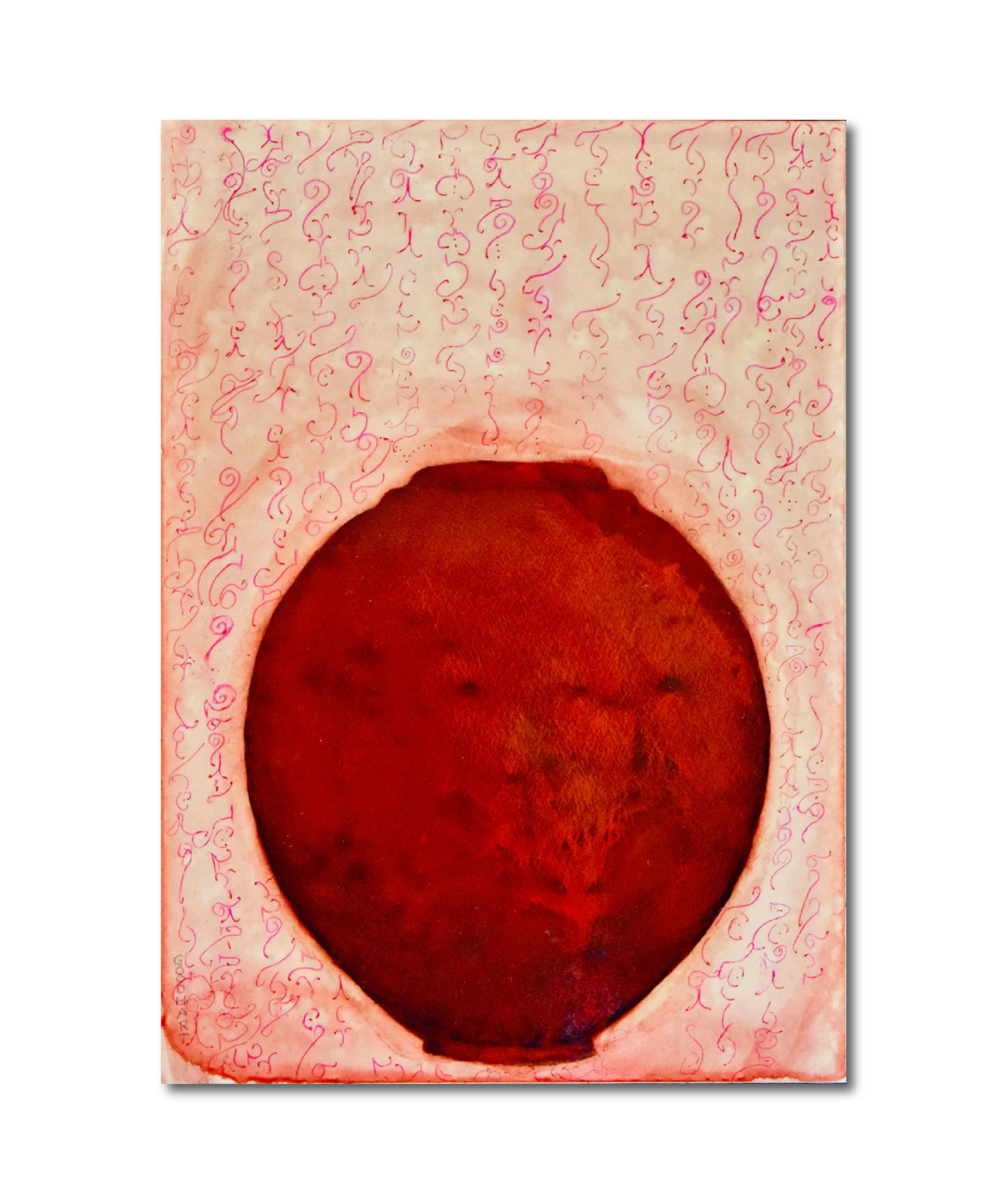 Figurative Ink Oil Watercolor 'ROUNDED RED VESSEL' - Mixed Media on Panel Laurie Goodhart