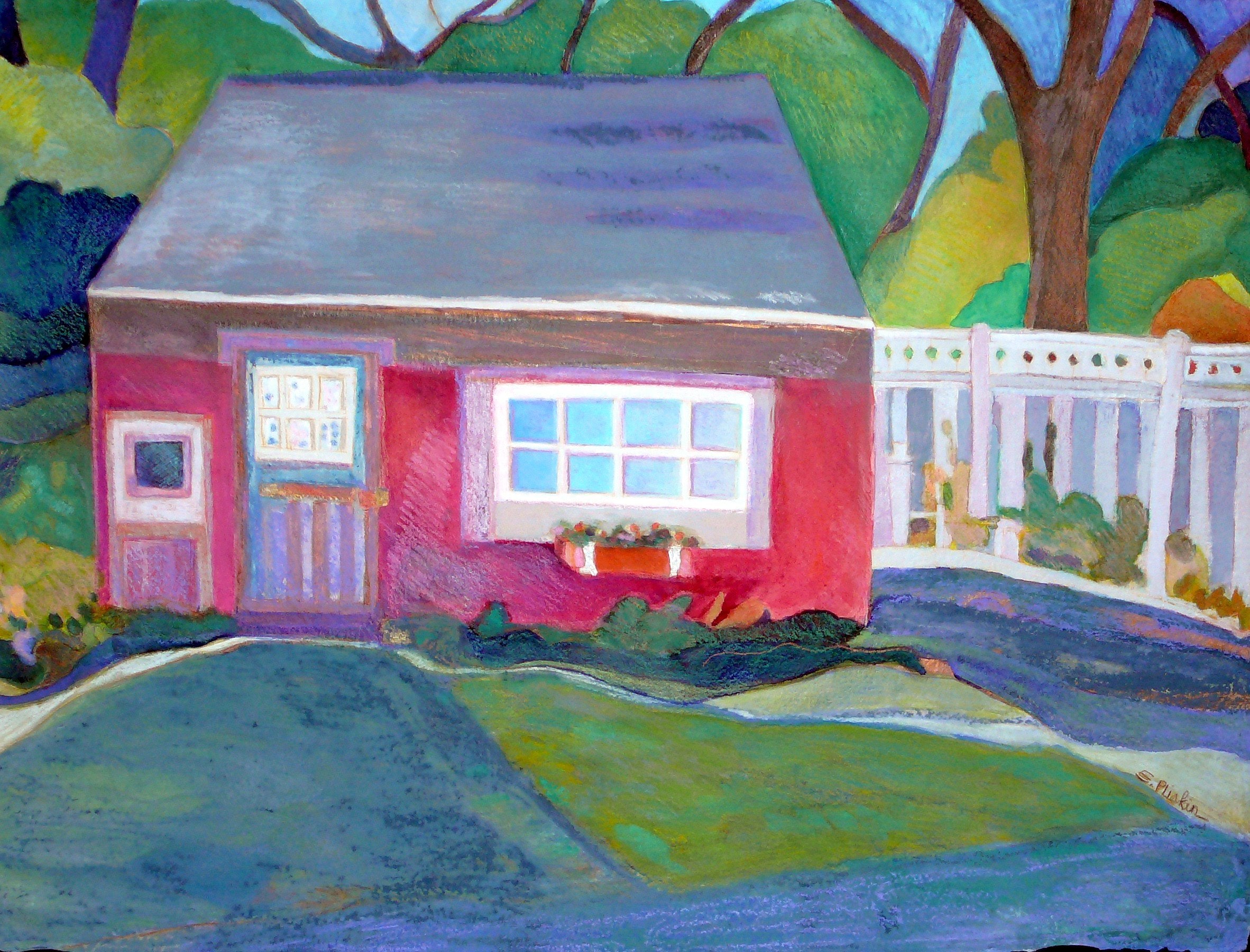 Pencil Watercolor 'RED COTTAGE' - Watercolor, Gouache, Pencil on Paper Ellen Pliskin