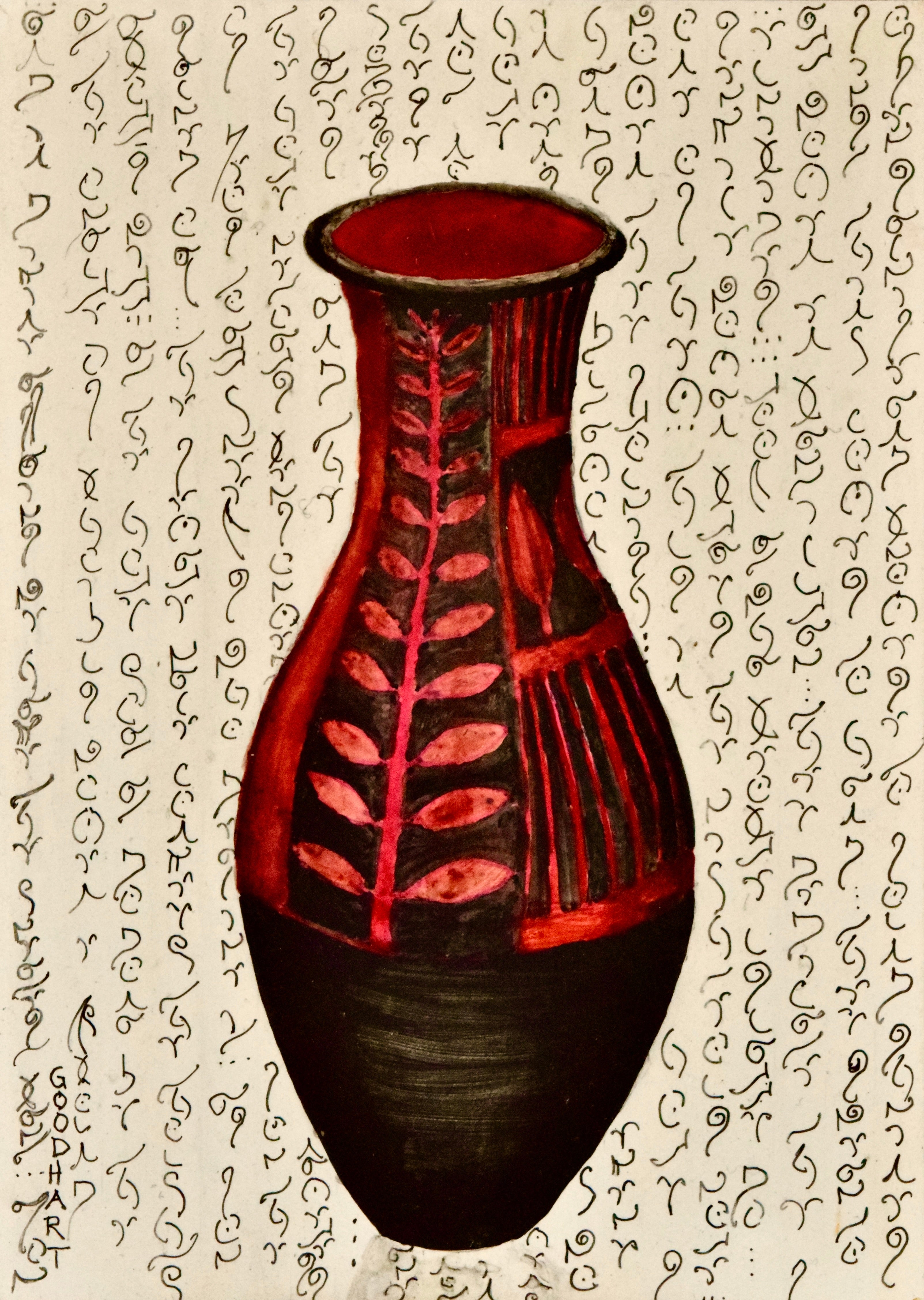 Figurative Ink Oil Watercolor 'RED ON BLACK' - Mixed Media on Panel Laurie Goodhart