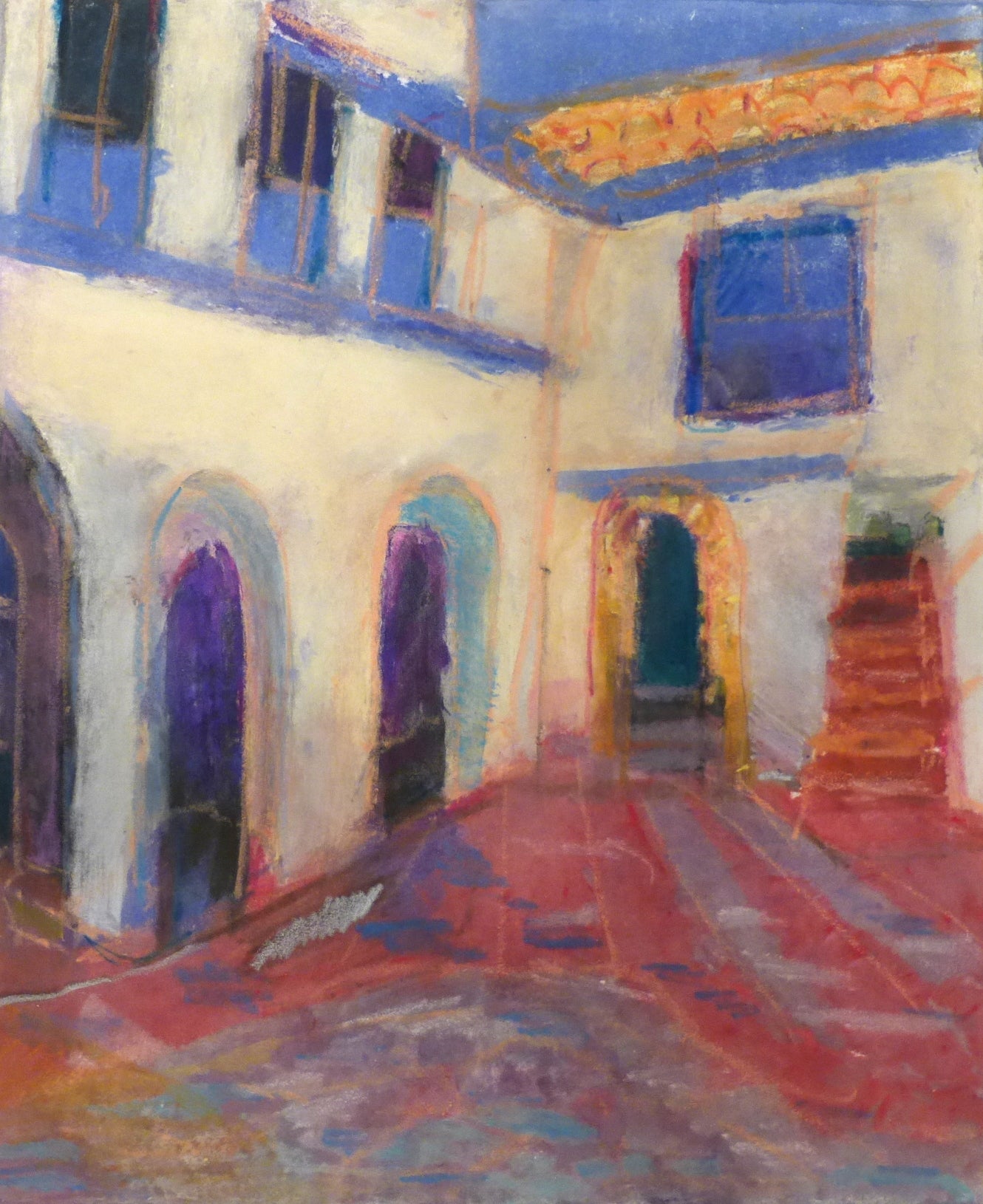 Pencil Watercolor 'RED STEPS' - Handmade Original Monoprint with Watercolor and Pencil Ellen Pliskin