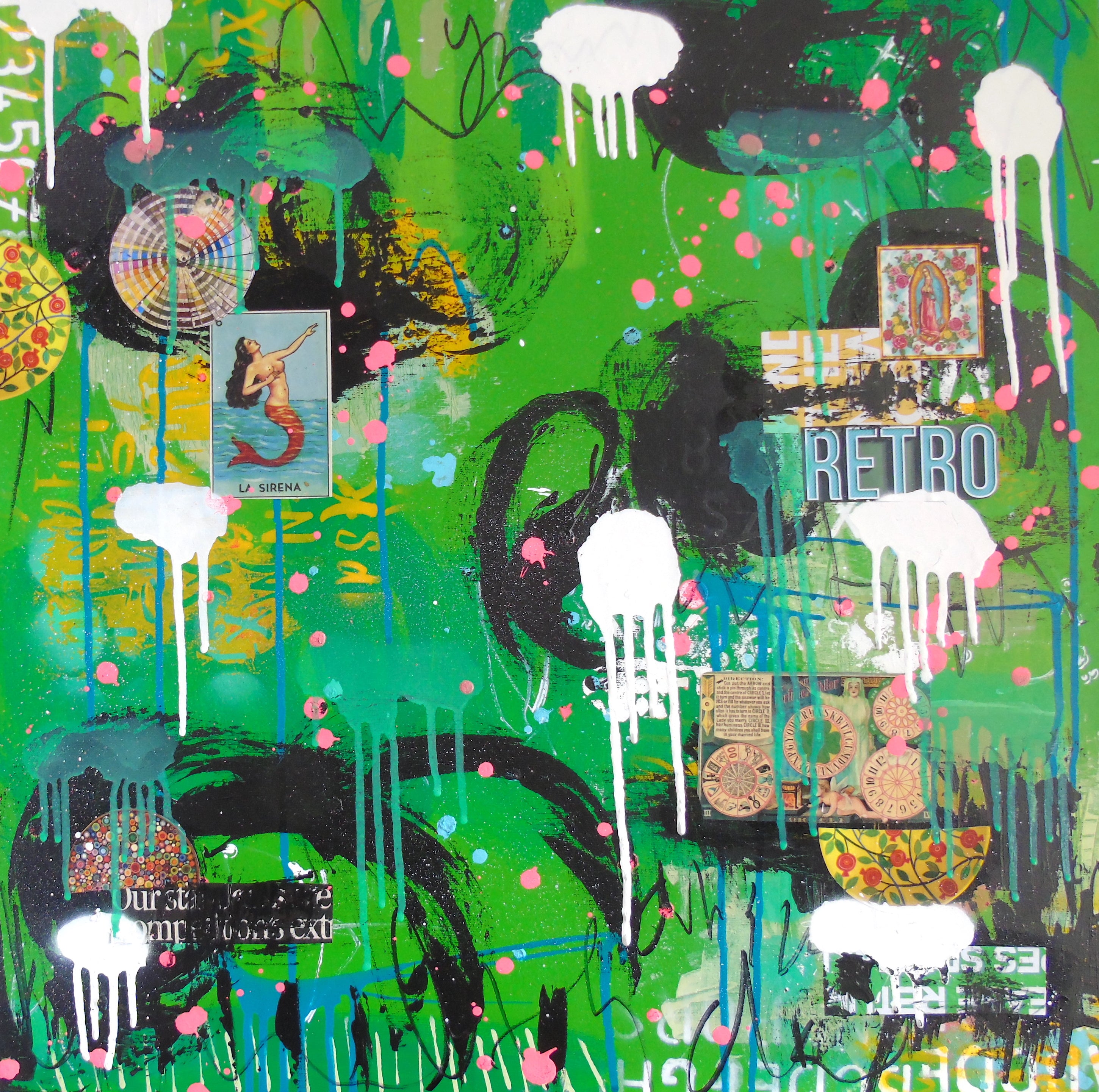Acrylic Collage Contemporary Expressionist Painting 'RETRO GREEN' Lorette C. Luzajic