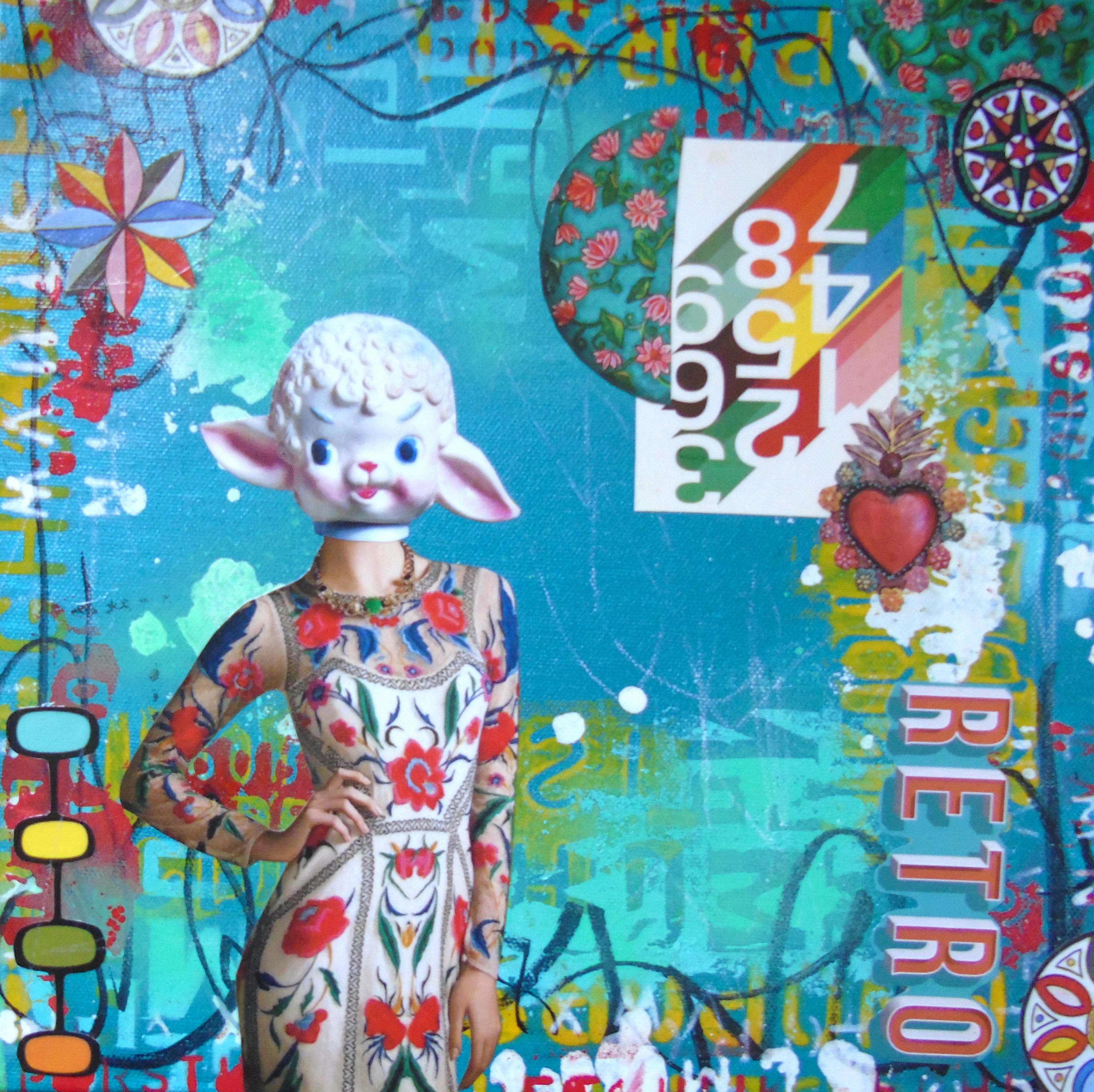 Abstract Acrylic Collage Contemporary Expressionist Figurative Surrealism Visionary 'RETRO MISS LAMB' - Mixed media on canvas Lorette C. Luzajic