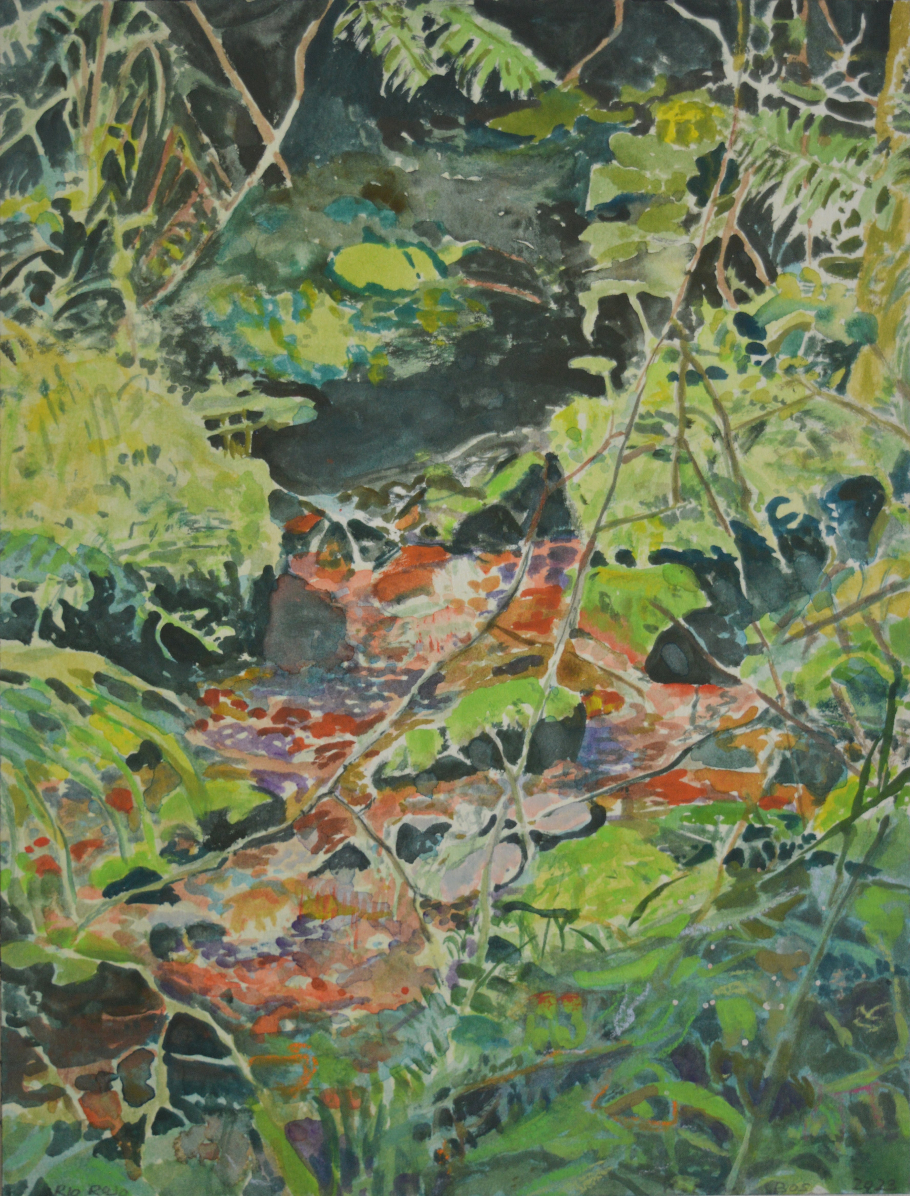 Contemporary Figurative Landscape Painting Watercolor 'RIO ROJO' - Gouache on Paper Karin Bos