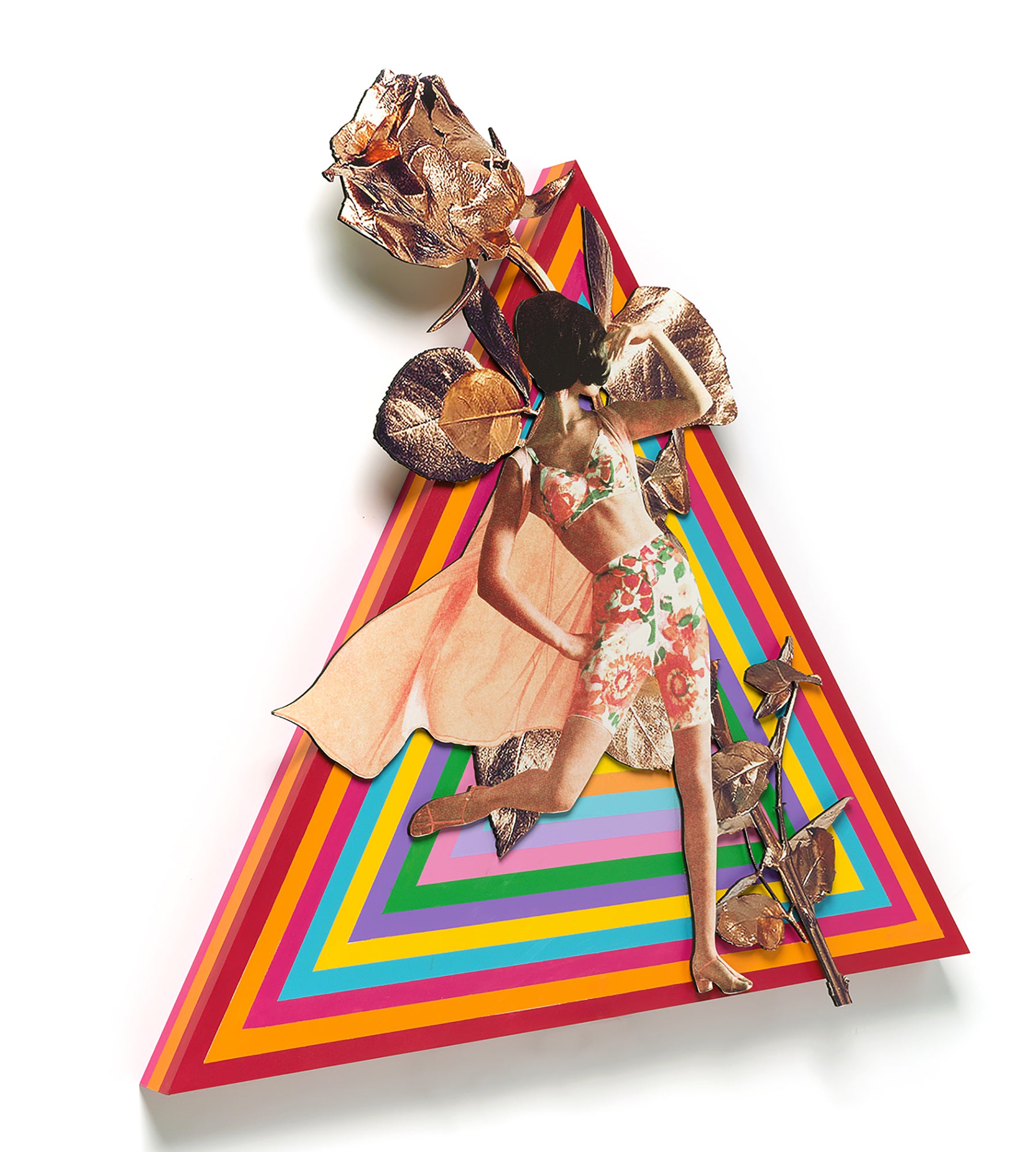 Collage Experimental Mixed Media Painting 'ROSE THE HYPNOTIST' - Acrylic paint and laser-cut plywood on custom cut wooden triangle panel Lindsey Price