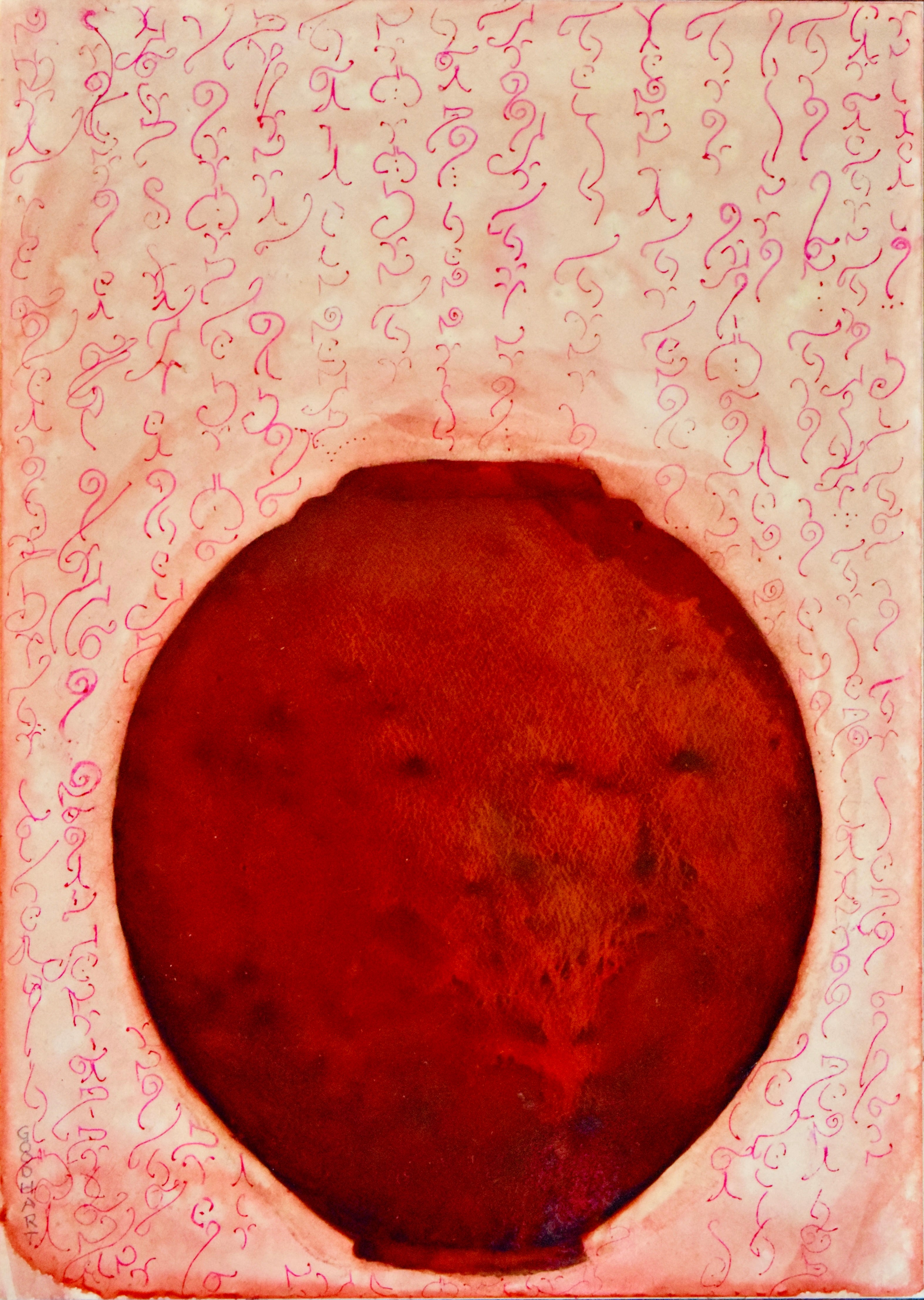 Figurative Ink Oil Watercolor 'ROUNDED RED VESSEL' - Mixed Media on Panel Laurie Goodhart