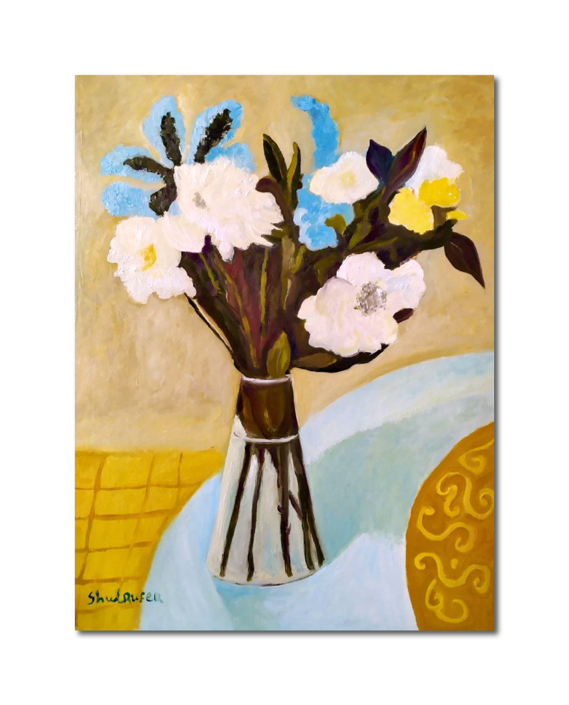 Figurative 'STILL LIFE WITH BLUE FLOWERS' - Oil Painting Janna Shulrufer