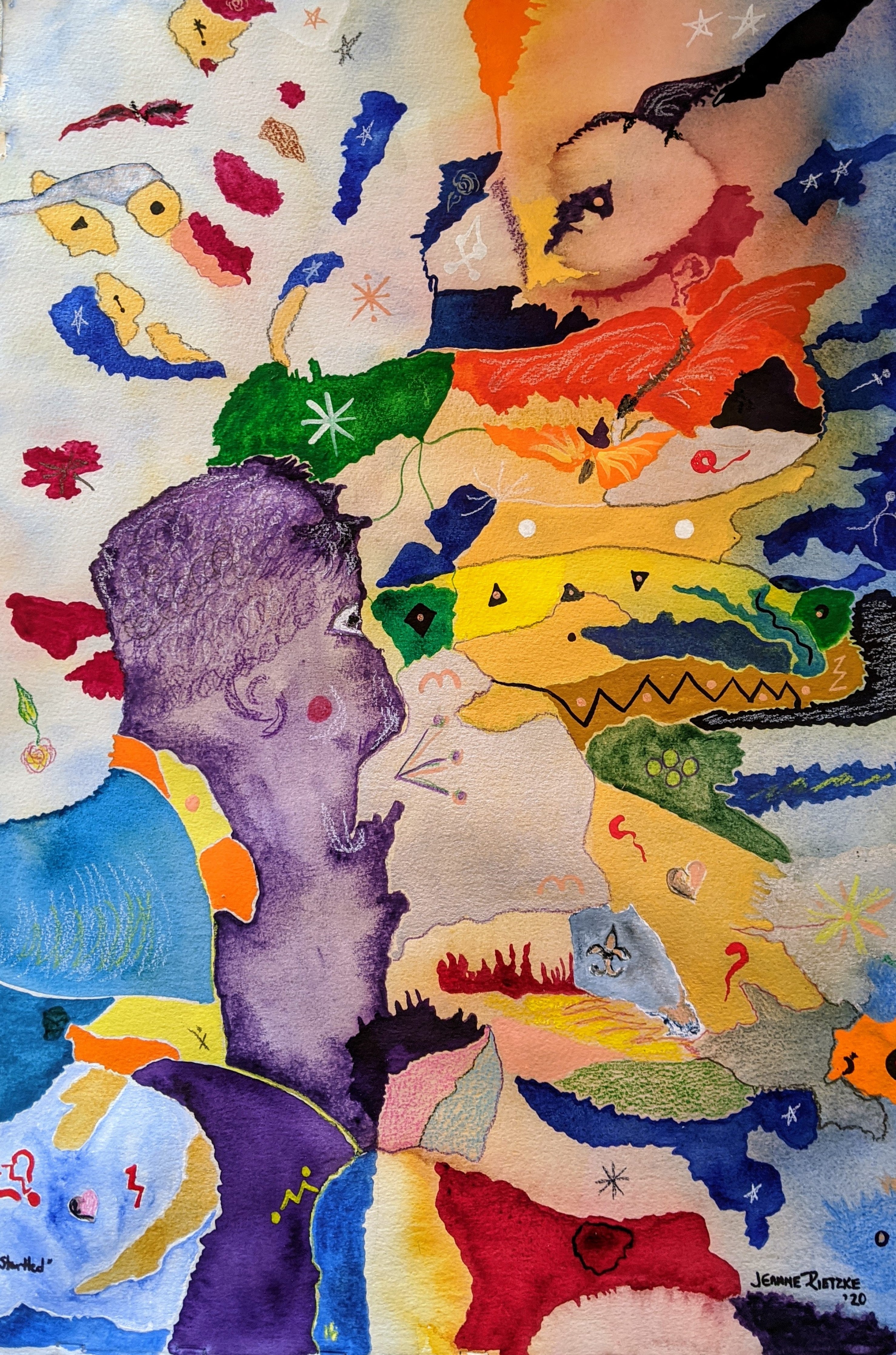 Abstract Contemporary Figurative Pencil Watercolor Startled Jeanne McIntosh Rietzke