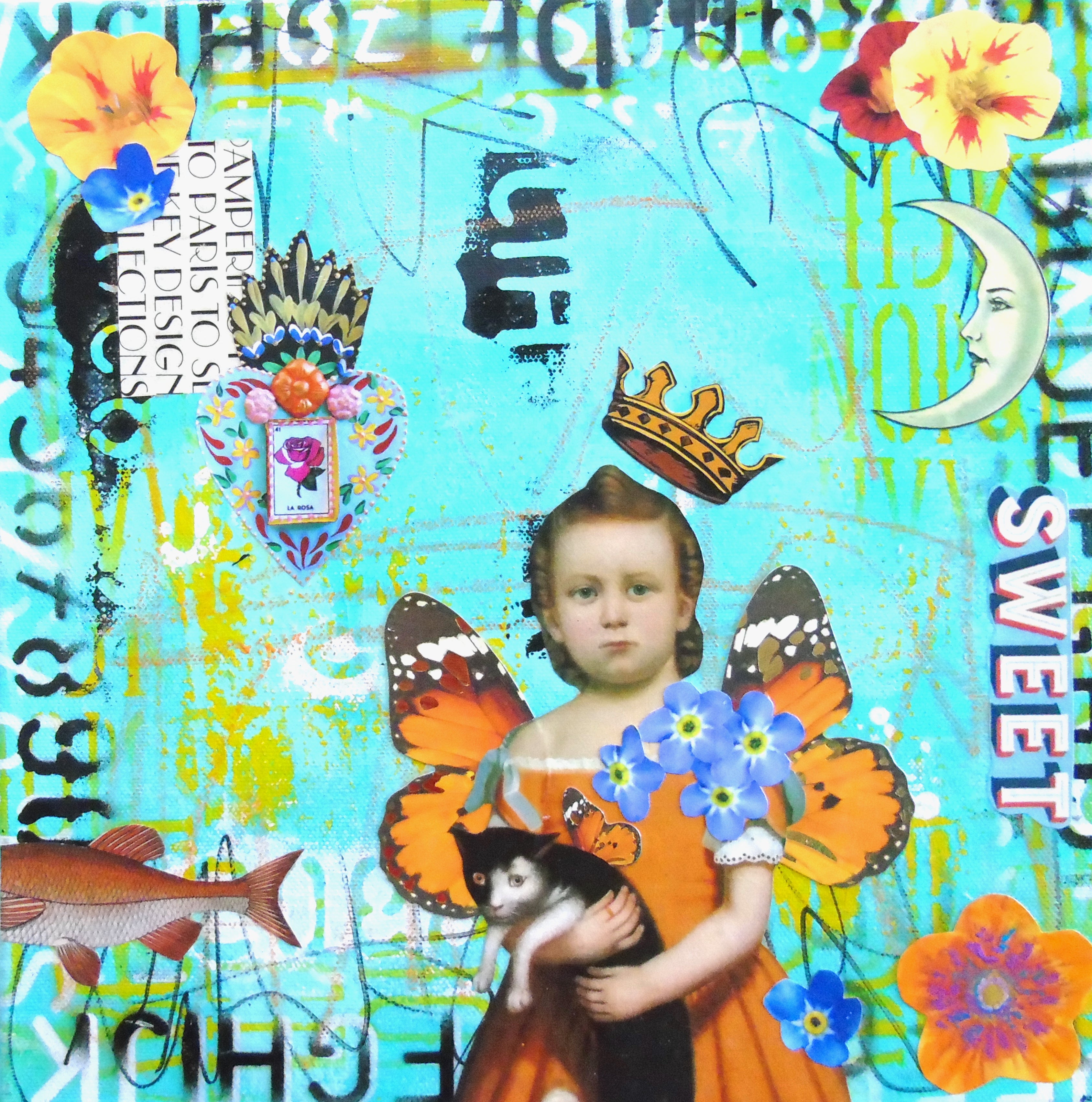 Abstract Acrylic Collage Contemporary Expressionist Figurative Surrealism Visionary 'SWEET STUFF' - Mixed media on canvas Lorette C. Luzajic