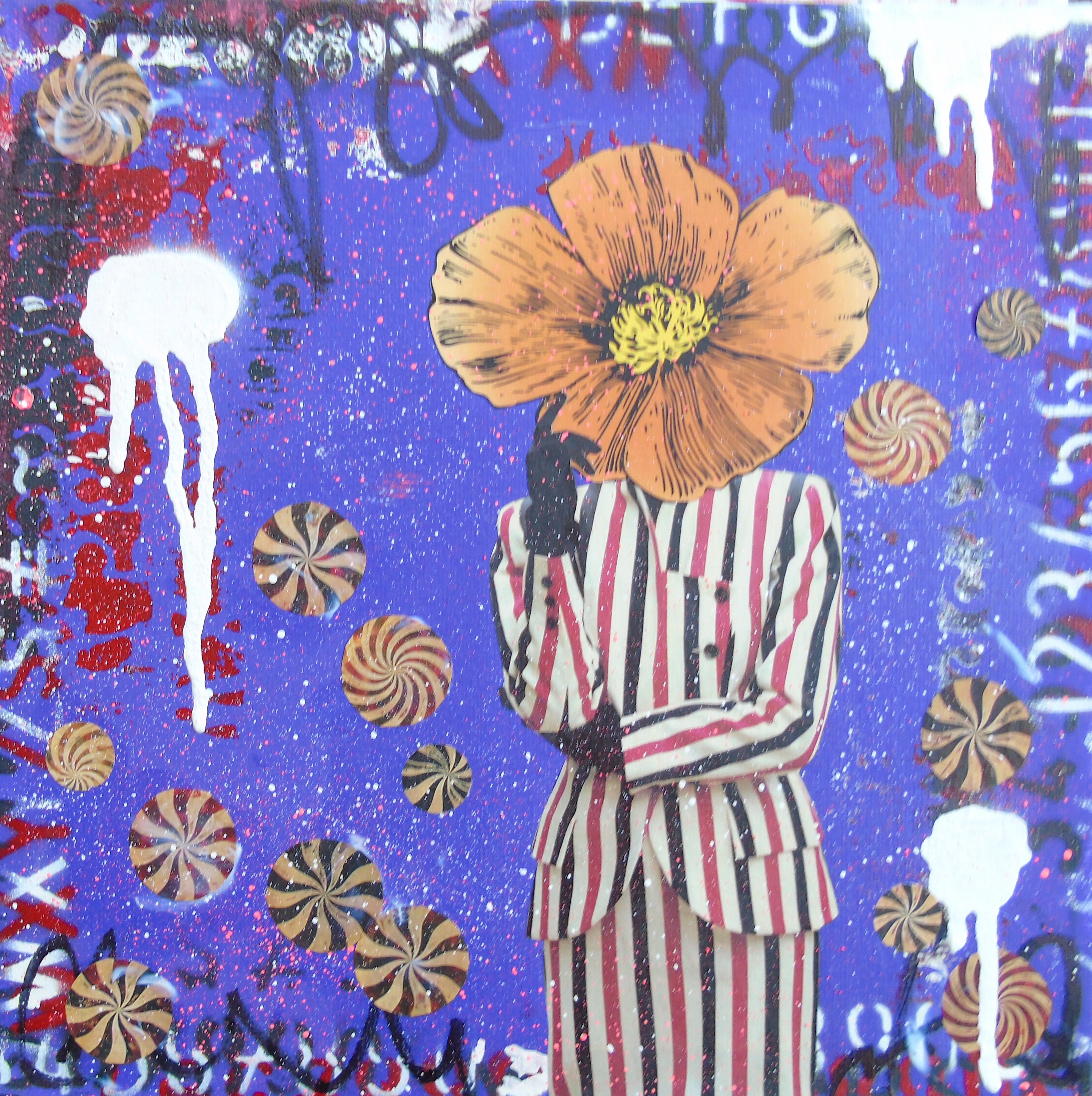 Abstract Acrylic Collage Contemporary Expressionist Figurative Surrealism Visionary 'SWIRLS AND STRIPES' - Mixed media on canvas Lorette C. Luzajic