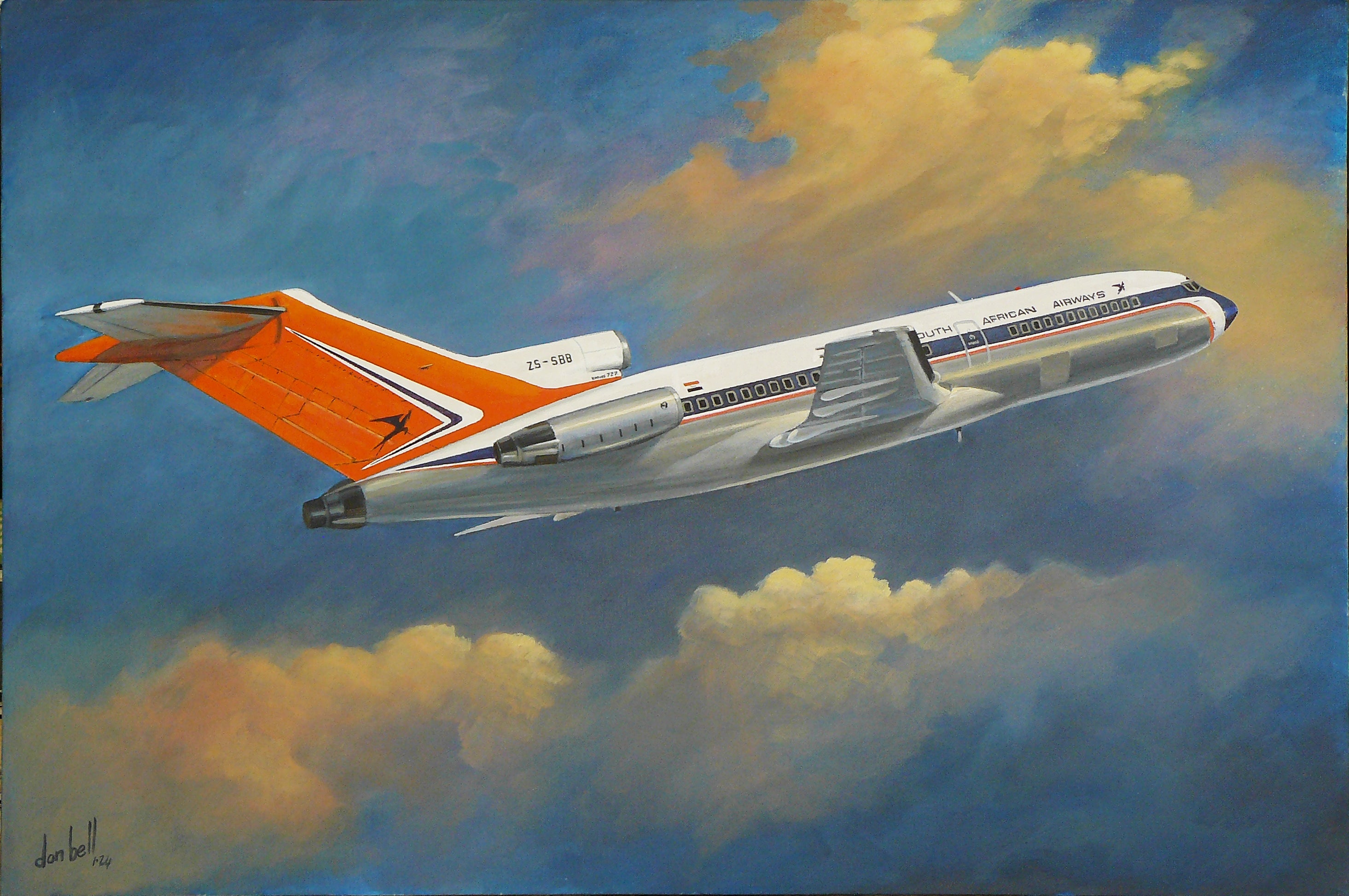 Acrylic 'SAA BOEING 727-100 ZS-SBB (LIMPOPO)' - Acrylics on Canvas Board Don Bell