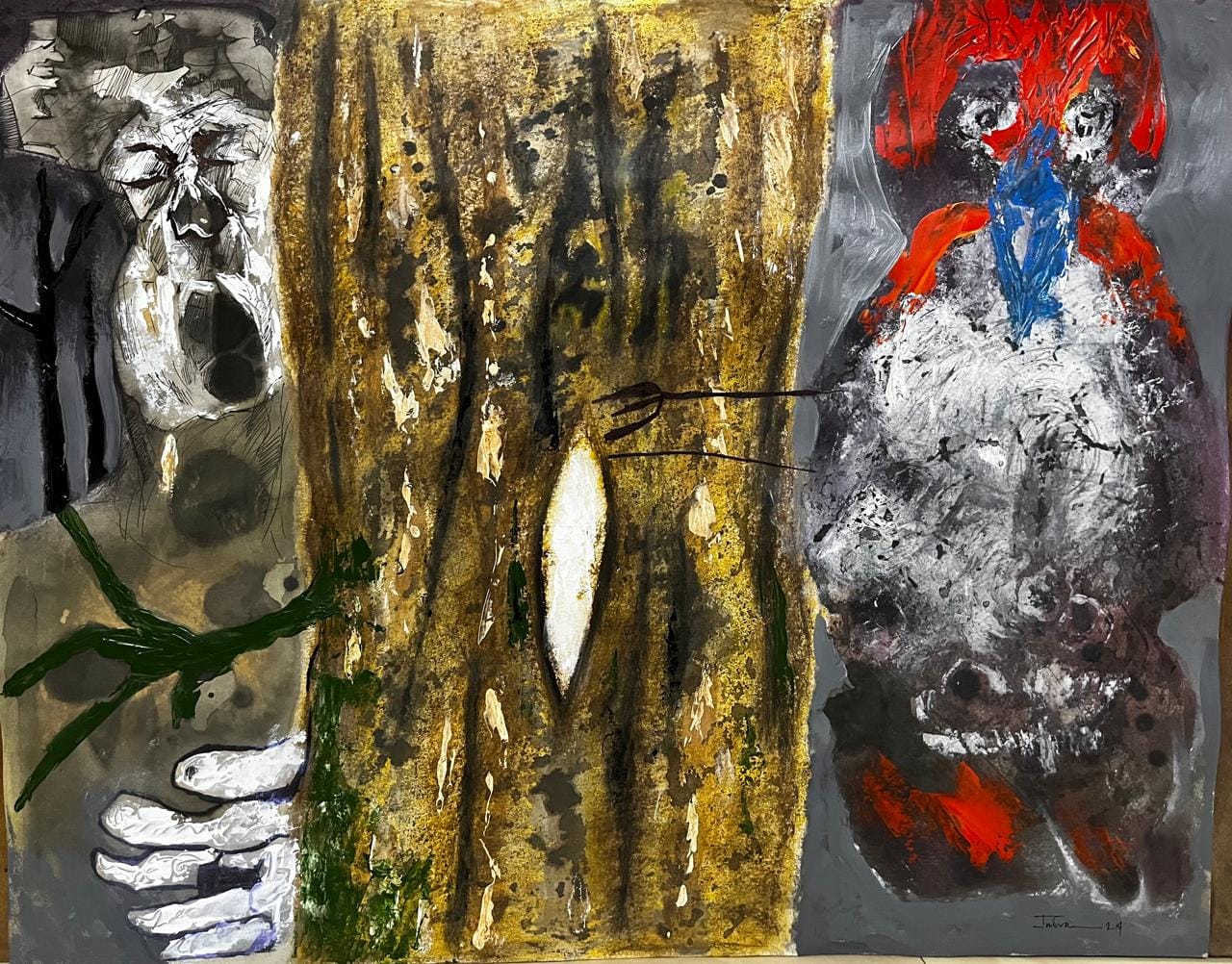Abstract Painting 'THE STORY OF A TREE AND A WOODPECKER' - Mixed Medium Indranil Banerjee