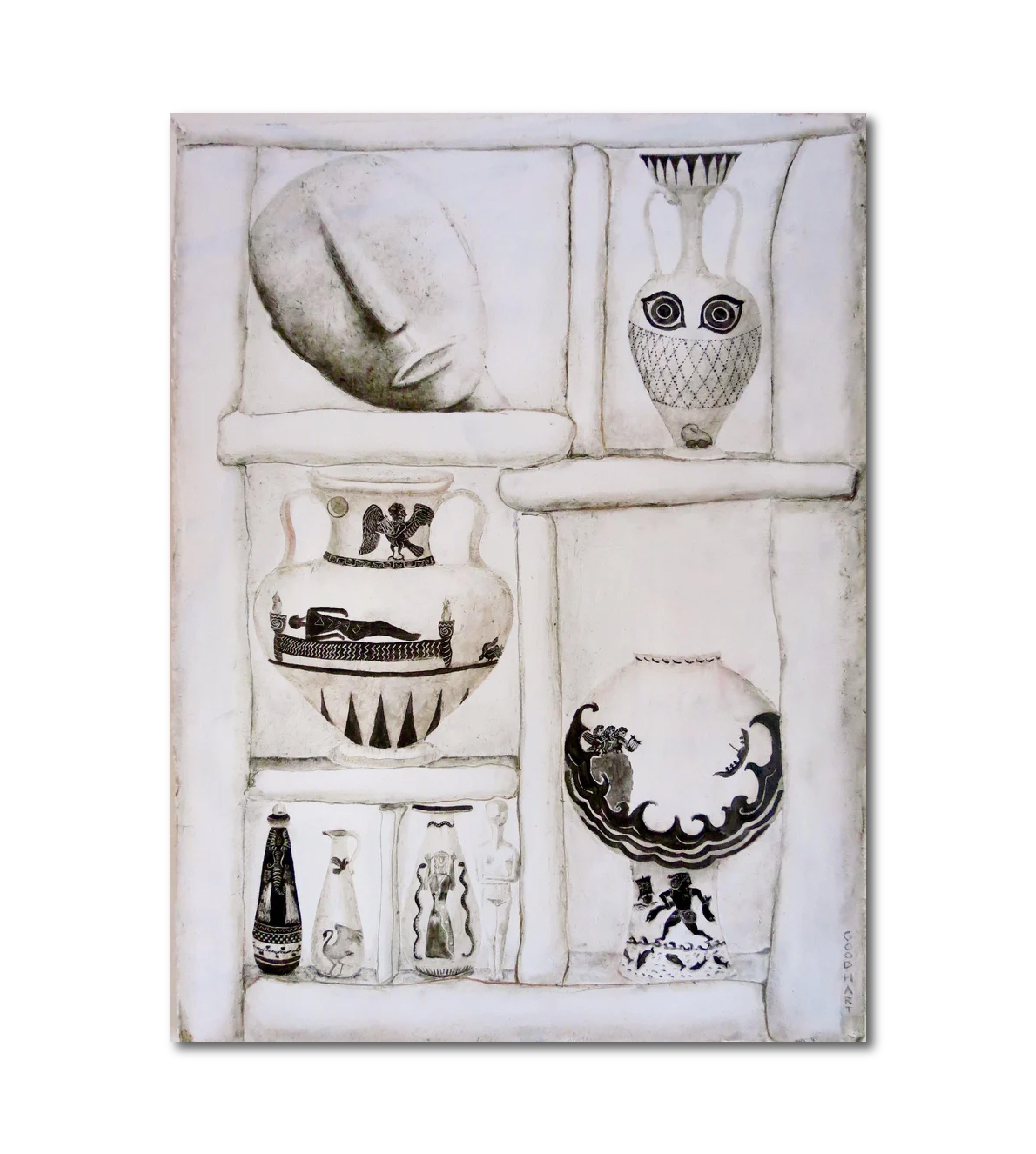 Figurative Oil 'TWO FIGURES AND SEVERAL VESSELS' - Oil on Arches Oil Paper, Mounted on Canvas, Framed Laurie Goodhart