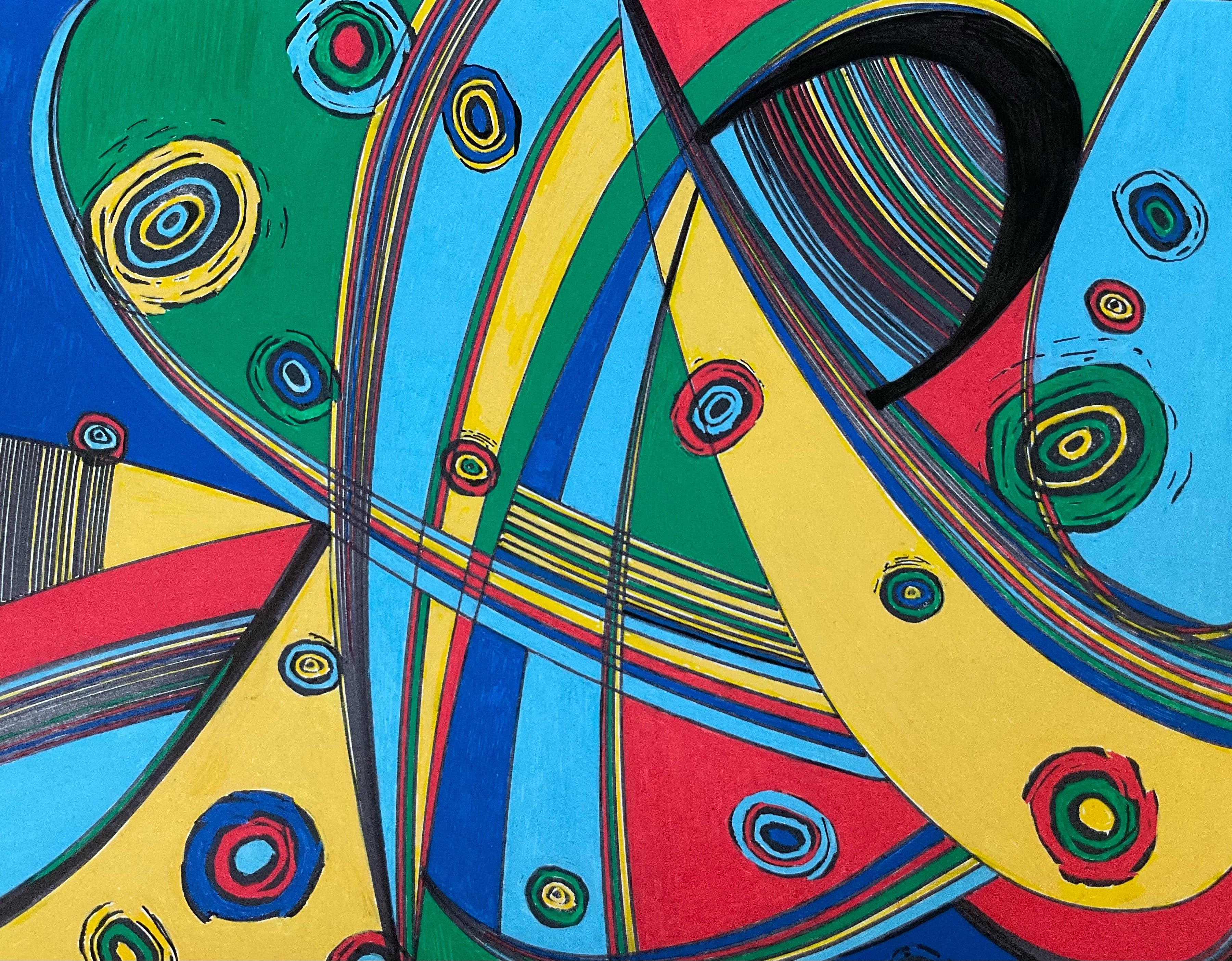 Contemporary 'TAKE A RIDE' - Relief print, acrylic, and color pencil Linda Gelbard