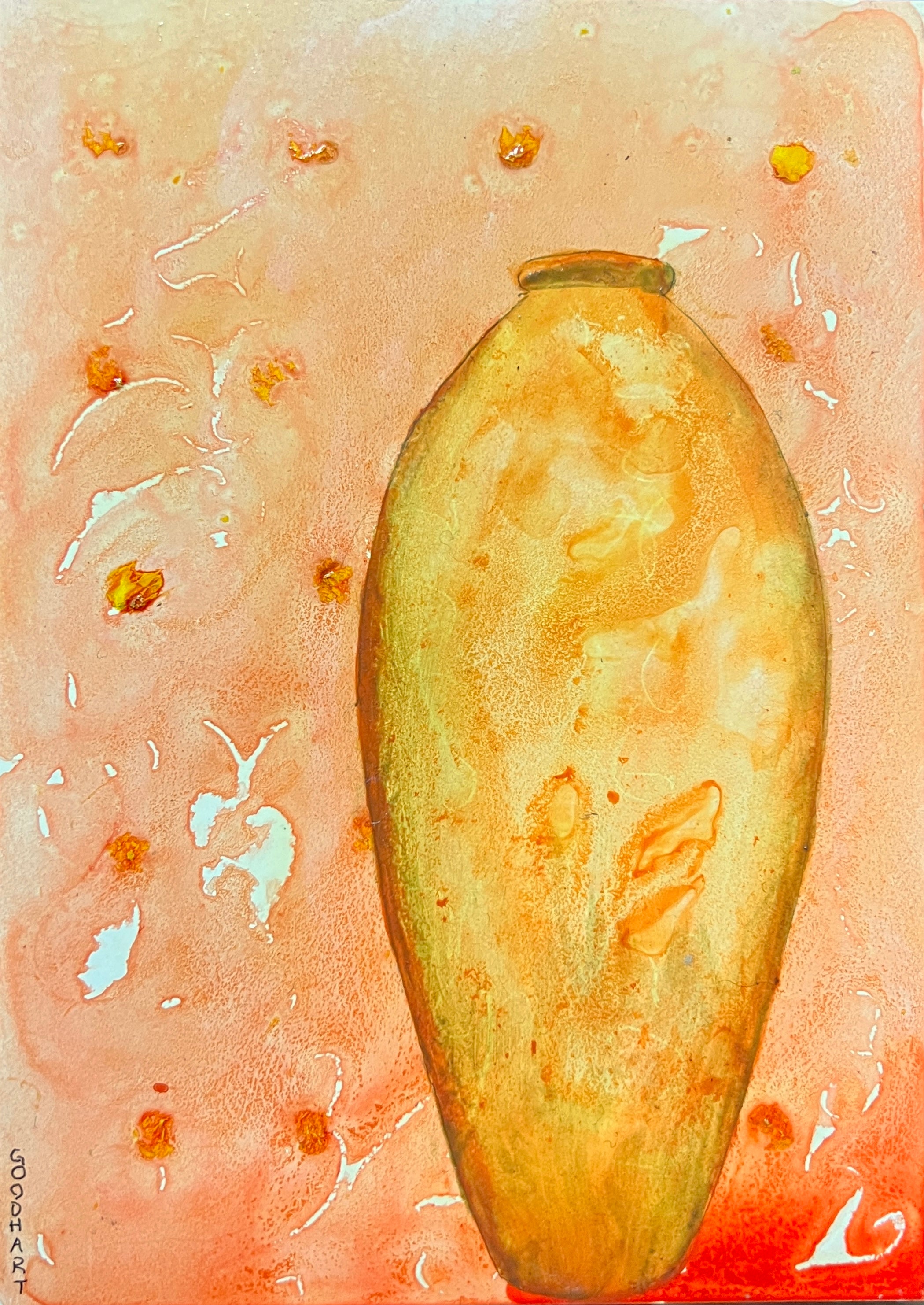 Figurative Ink Oil Watercolor 'TALL ORANGE VESSEL' - Mixed Media on Panel Laurie Goodhart