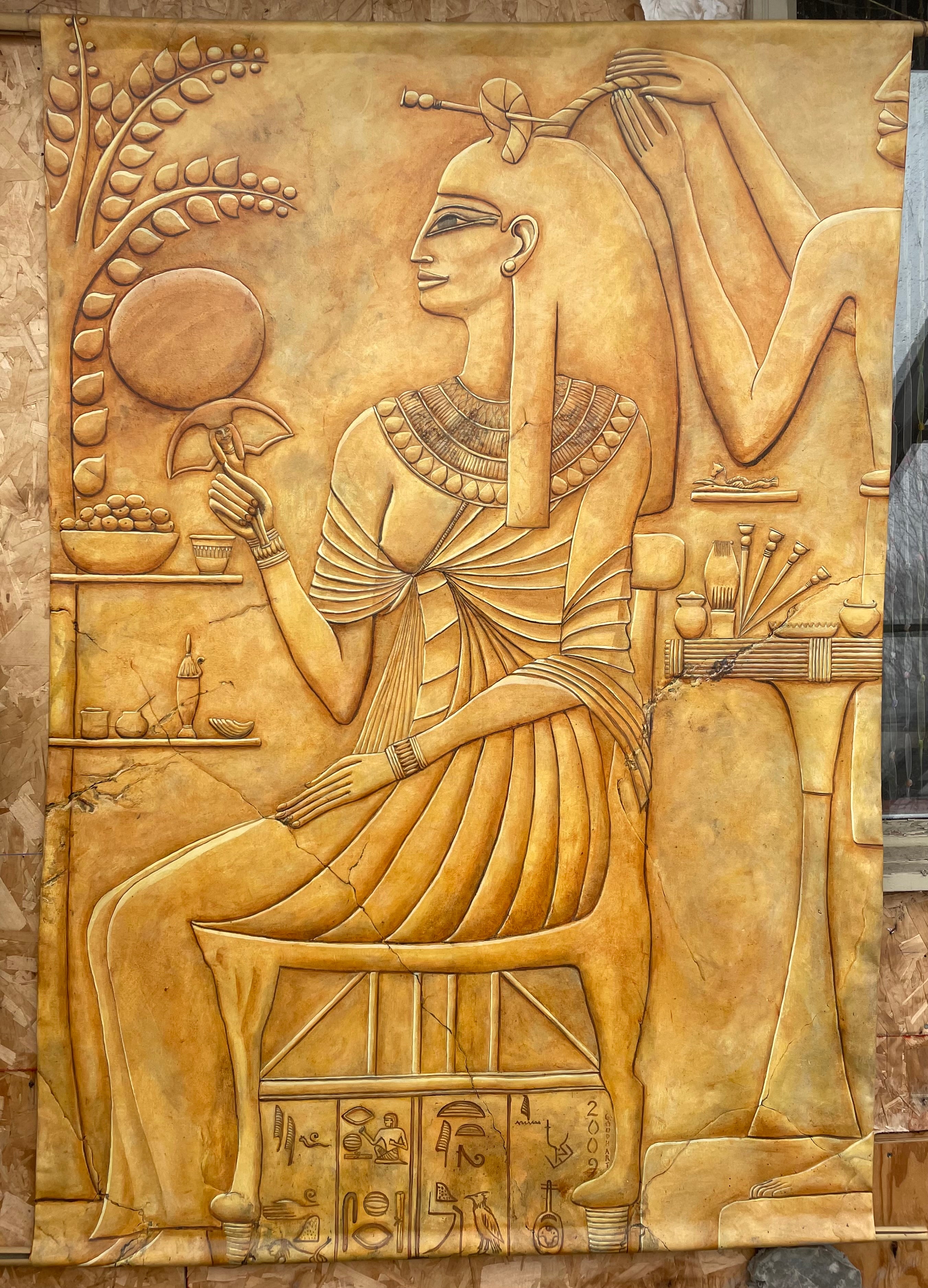 Figurative Oil 'THE BRONZE MIRROR' - Oil on Canvas, Unstretched, Hangs Like a Tapestry from Bamboo Laurie Goodhart