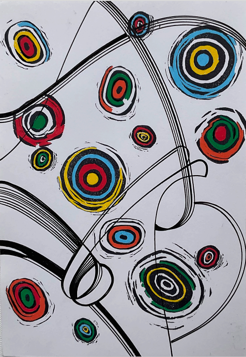 Contemporary 'TRAPEZE' - Print, pen, color pencil Linda Gelbard