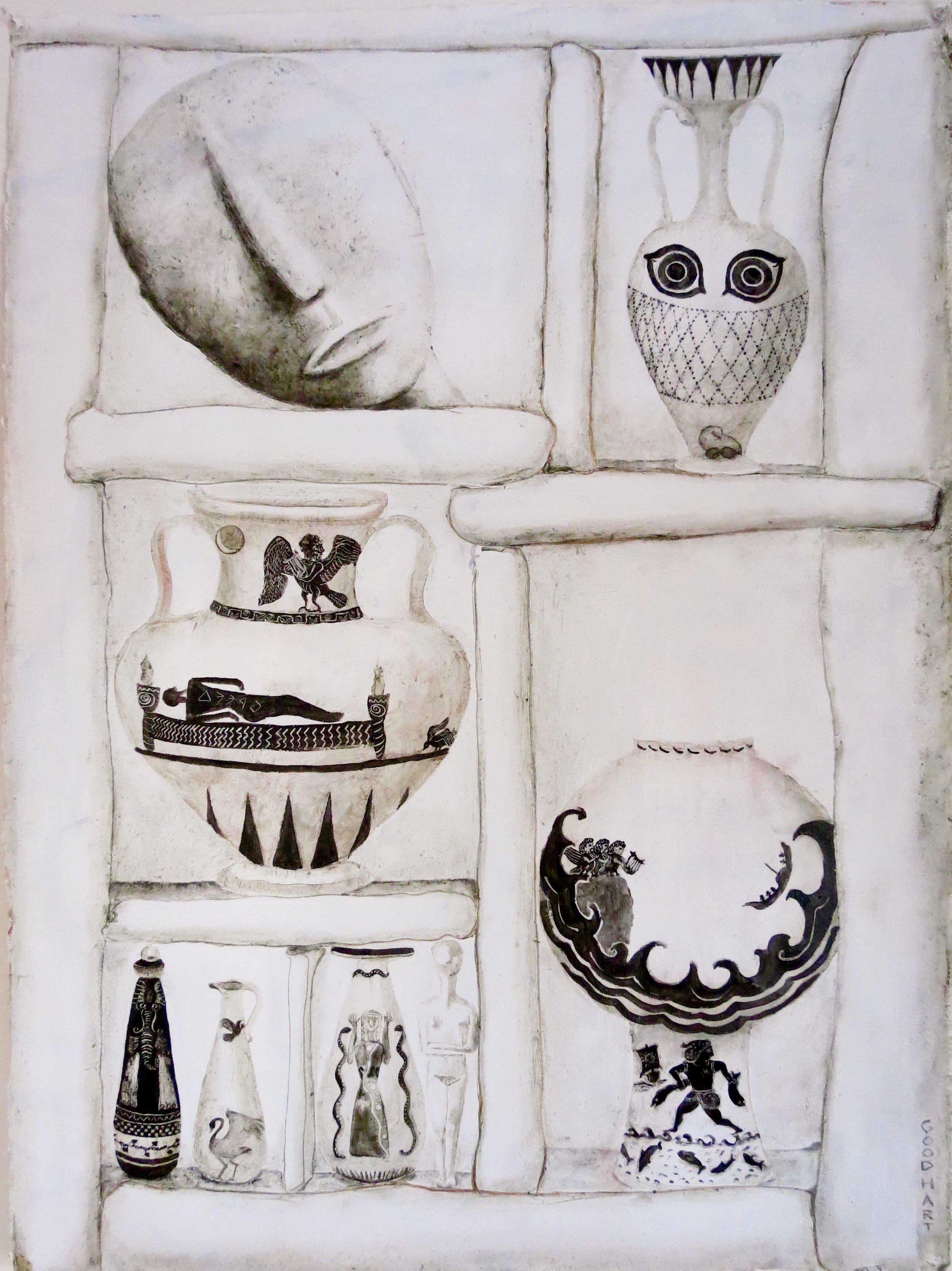 Figurative Oil 'TWO FIGURES AND SEVERAL VESSELS' - Oil on Arches Oil Paper, Mounted on Canvas, Framed Laurie Goodhart