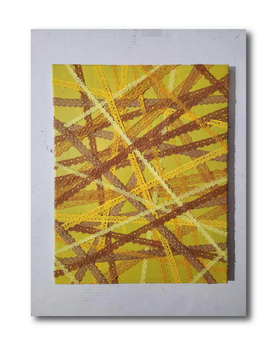 Abstract Acrylic Contemporary Painting 'YELLOW WEBS' Acrylic, Lace, and Mixed Media on Canvas Ulani Curry