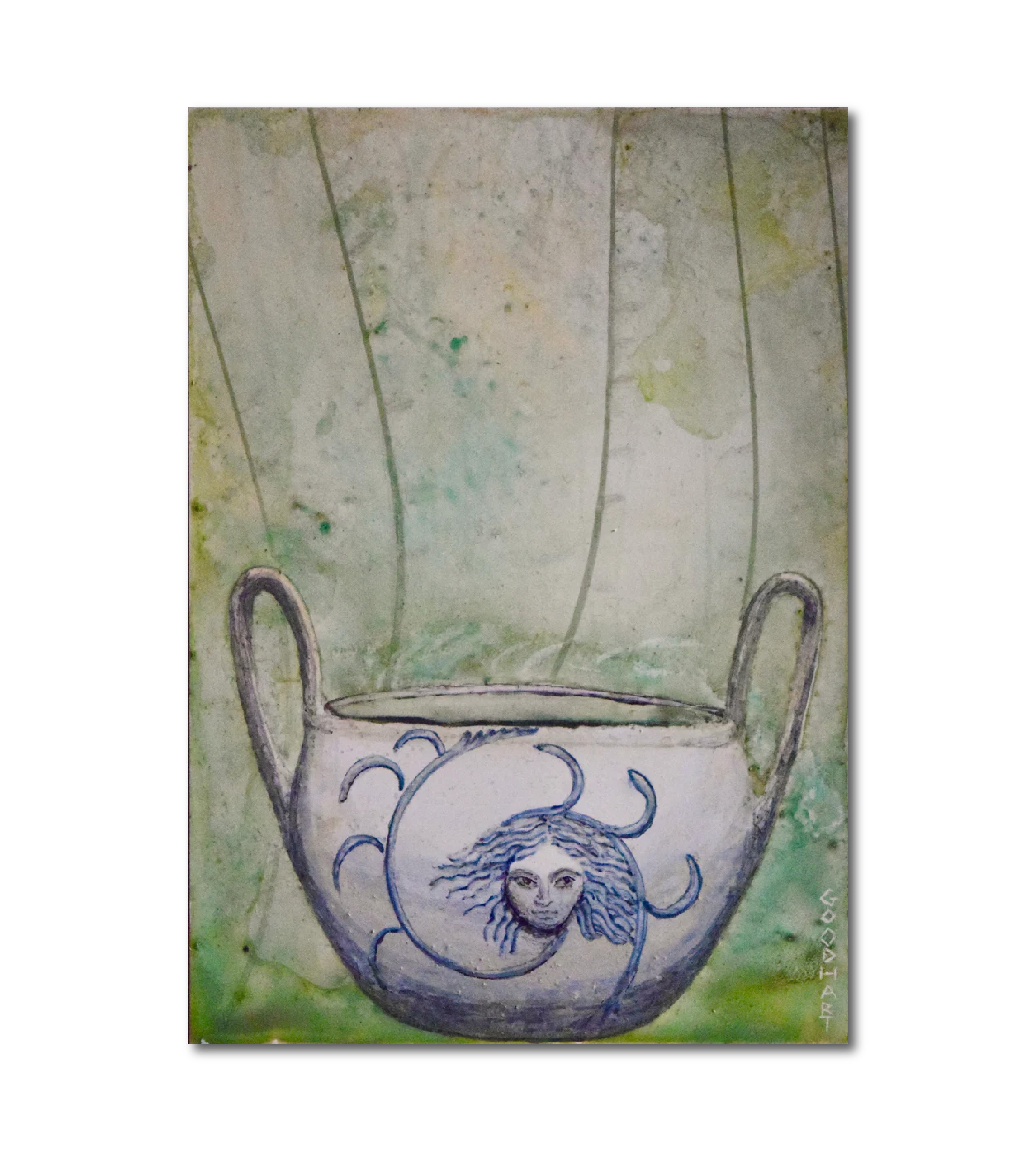 Figurative Ink Oil Watercolor 'VISAGE CUP' - Mixed Media on Panel Laurie Goodhart