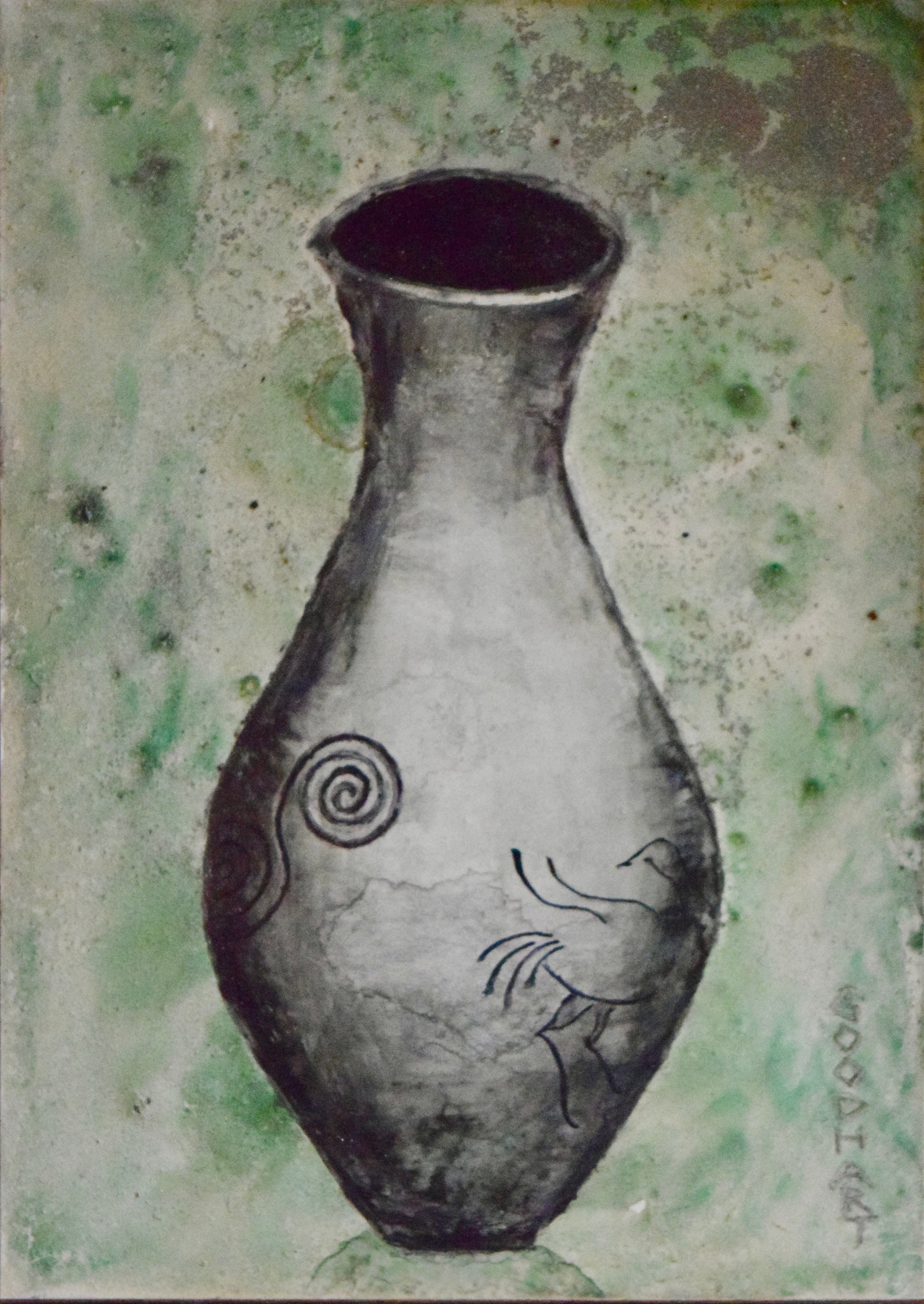 Figurative Ink Oil Watercolor 'VESSEL WITH WATERBIRD' - Mixed Media on Panel Laurie Goodhart