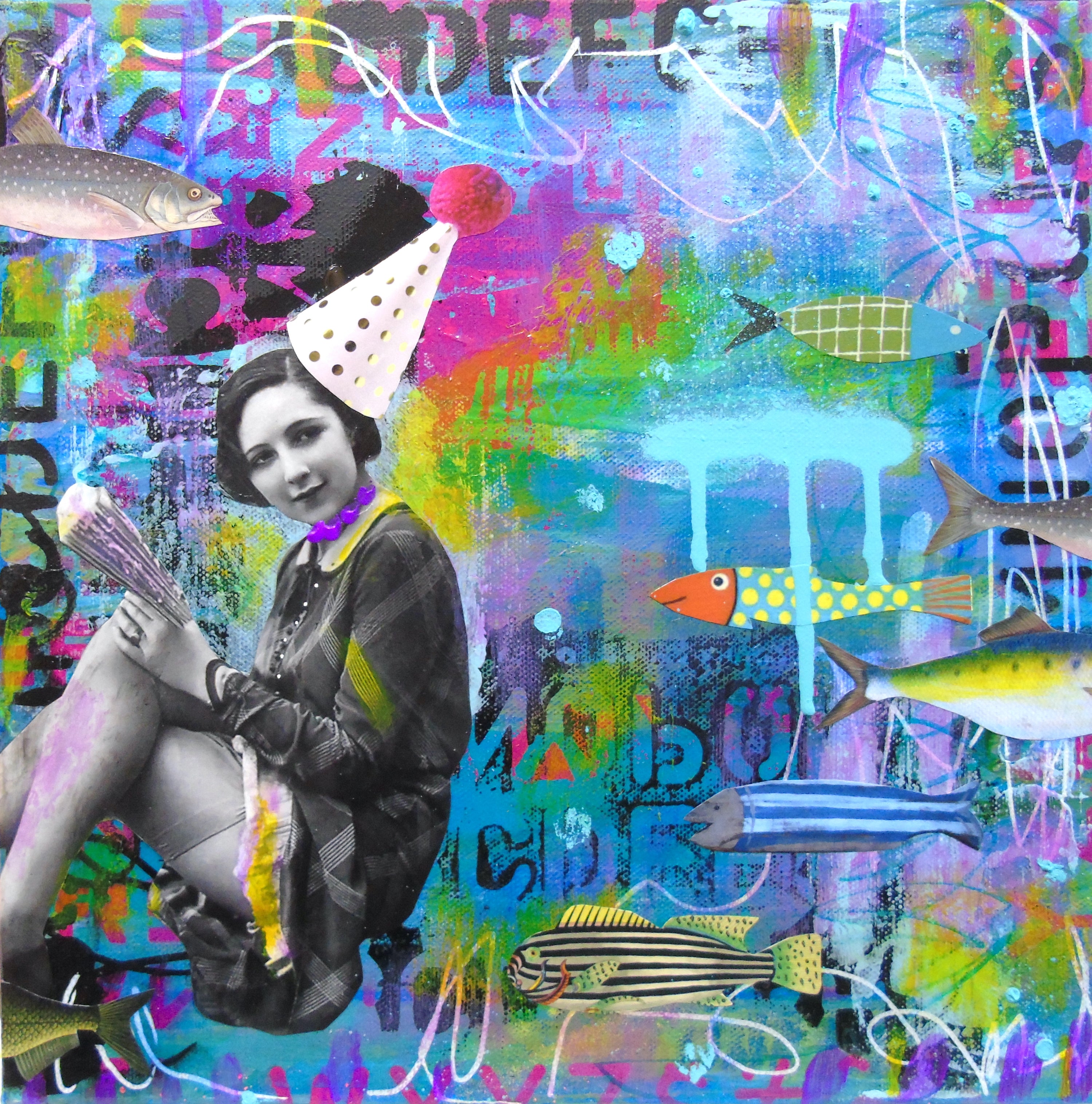 Abstract Acrylic Collage Contemporary Expressionist Figurative Surrealism Visionary 'VIOLET UNDERWATER' - Mixed media on canvas Lorette C. Luzajic