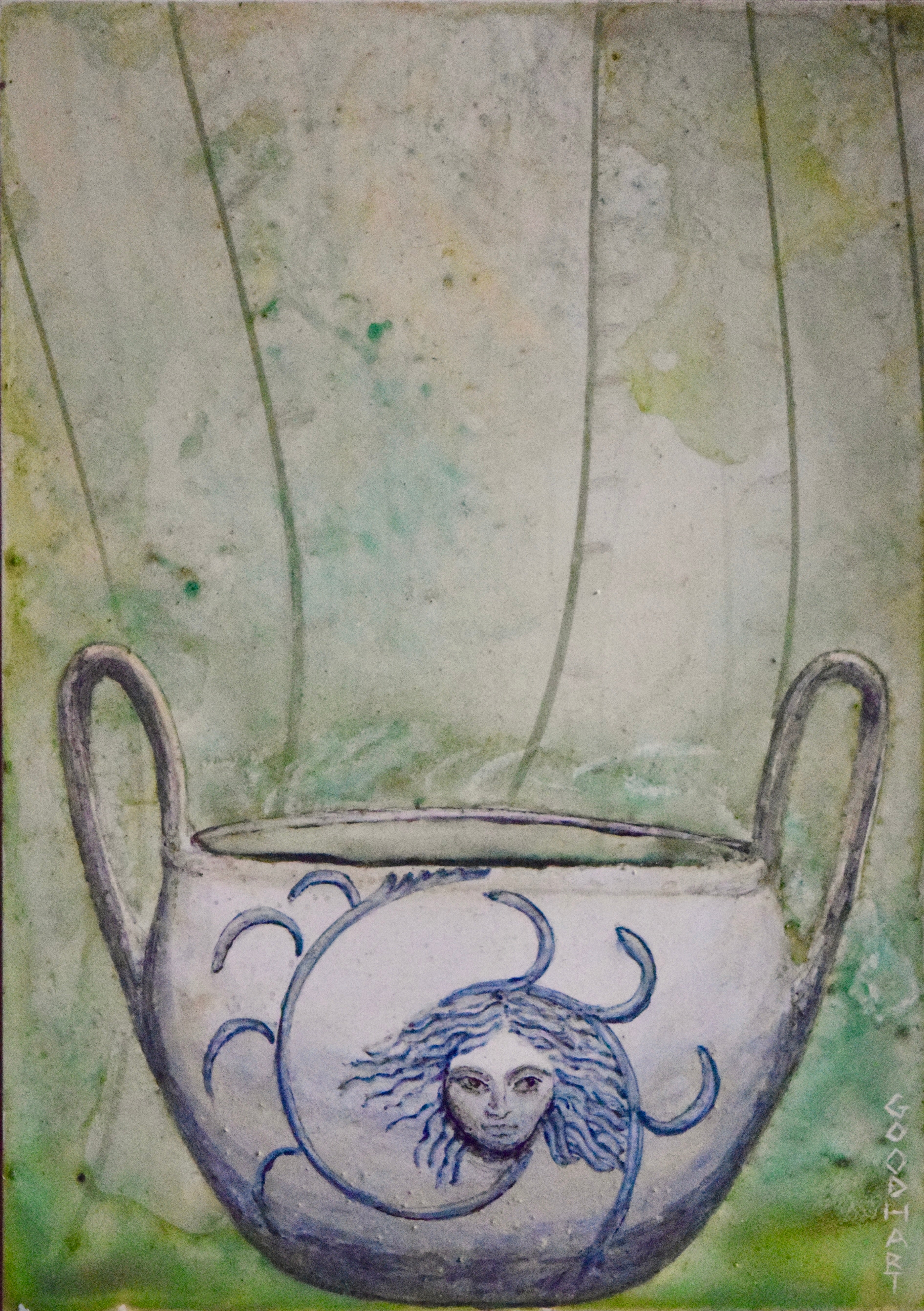Figurative Ink Oil Watercolor 'VISAGE CUP' - Mixed Media on Panel Laurie Goodhart