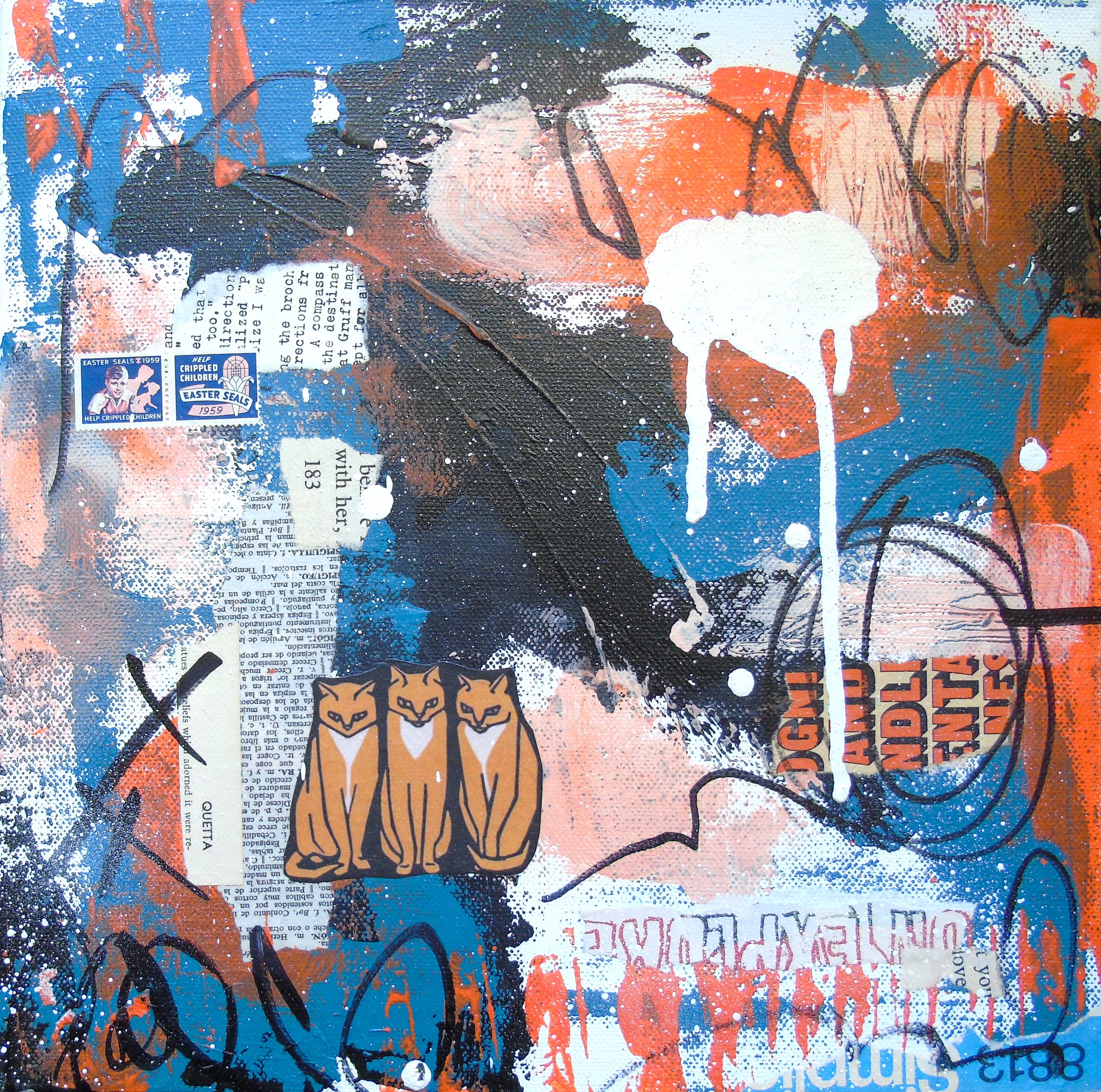 Abstract Acrylic Collage Contemporary Expressionist Figurative Surrealism Visionary 'WE THREE KINGS' - Mixed media on canvas Lorette C. Luzajic