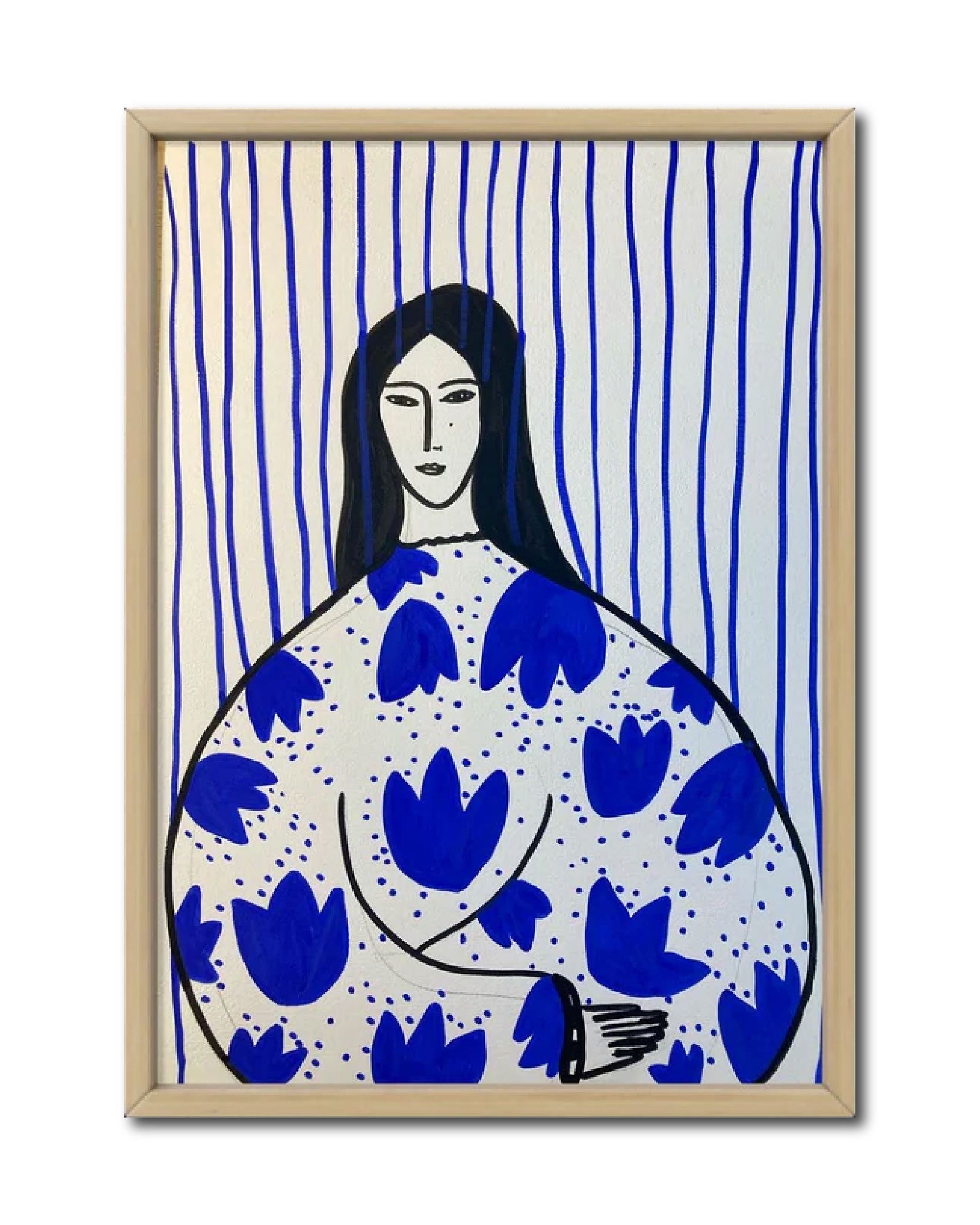 Draw Drawing Illustration 'FEMME EN BLEUE' - Acrylic Pen on Aquarelle Paper Nina Fourton