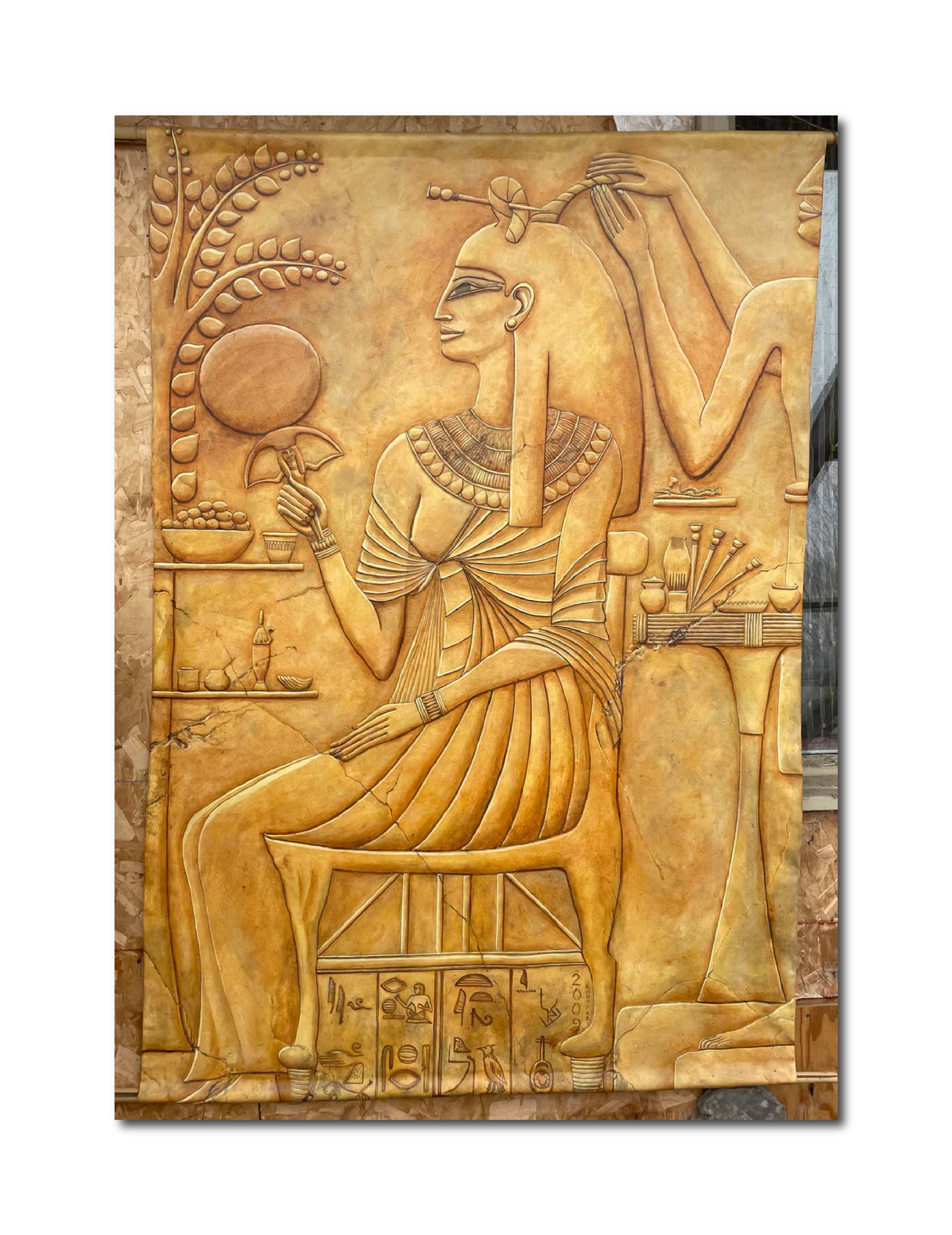 Figurative Oil 'THE BRONZE MIRROR' - Oil on Canvas, Unstretched, Hangs Like a Tapestry from Bamboo Laurie Goodhart