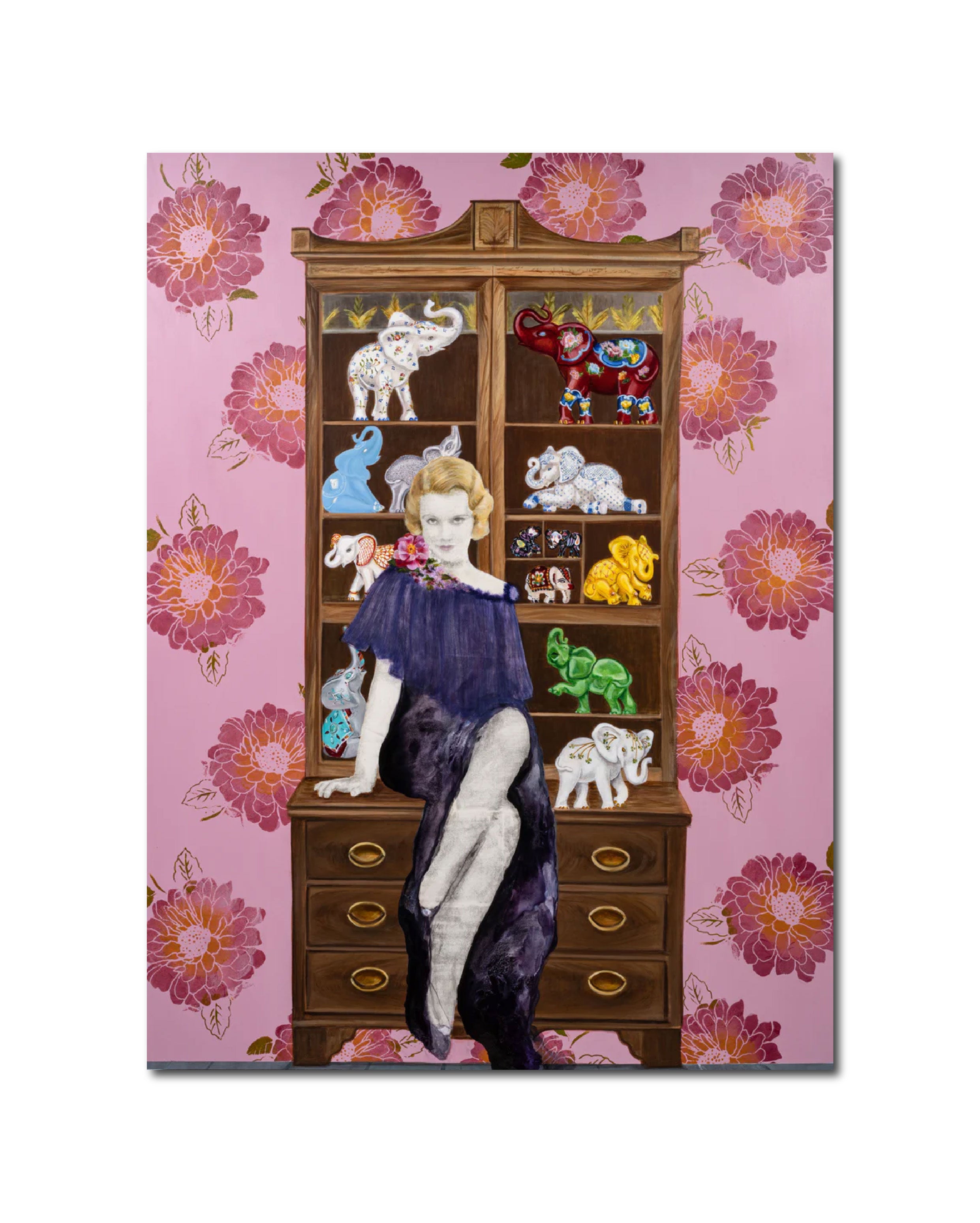 Acrylic Contemporary Design Figurative Ink Painting Surrealism 'THIRTEEN ELEPHANTS AND A BLONDE' - Acrylic and transfer on wood panel Sandra Mack-Valencia