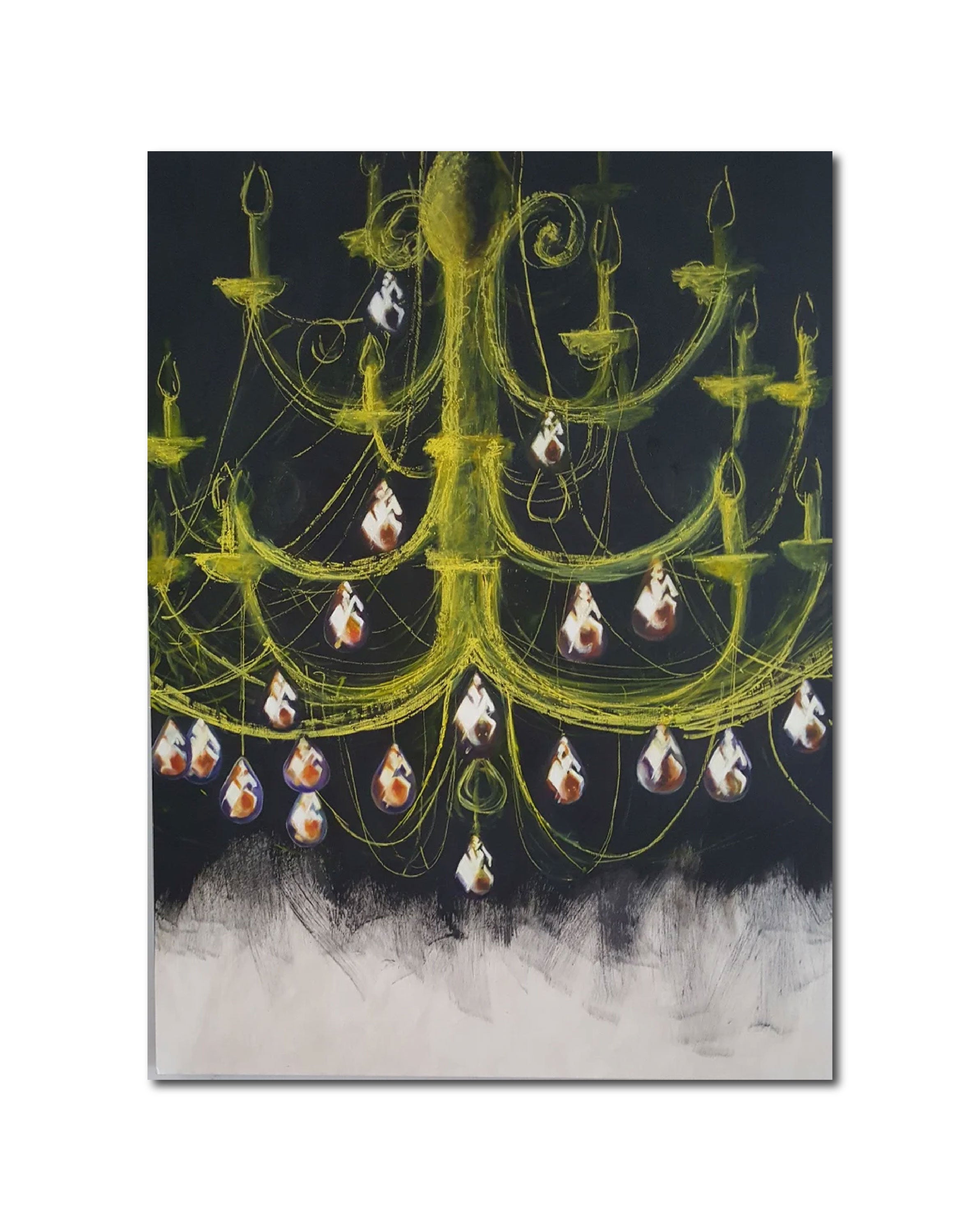 Acrylic Contemporary Design Figurative Ink Painting Surrealism 'THE YELLOW CHANDELIER' - Acrylic and pastel on wood panel Sandra Mack-Valencia