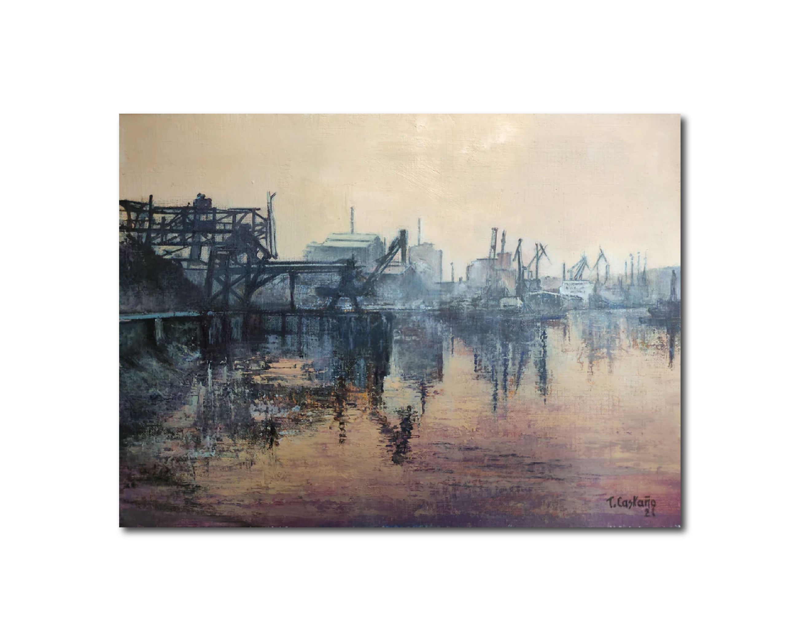 Figurative Oil Painting 'BILBAO INDUSTRIAL' - Oil on paper Tomas Castano