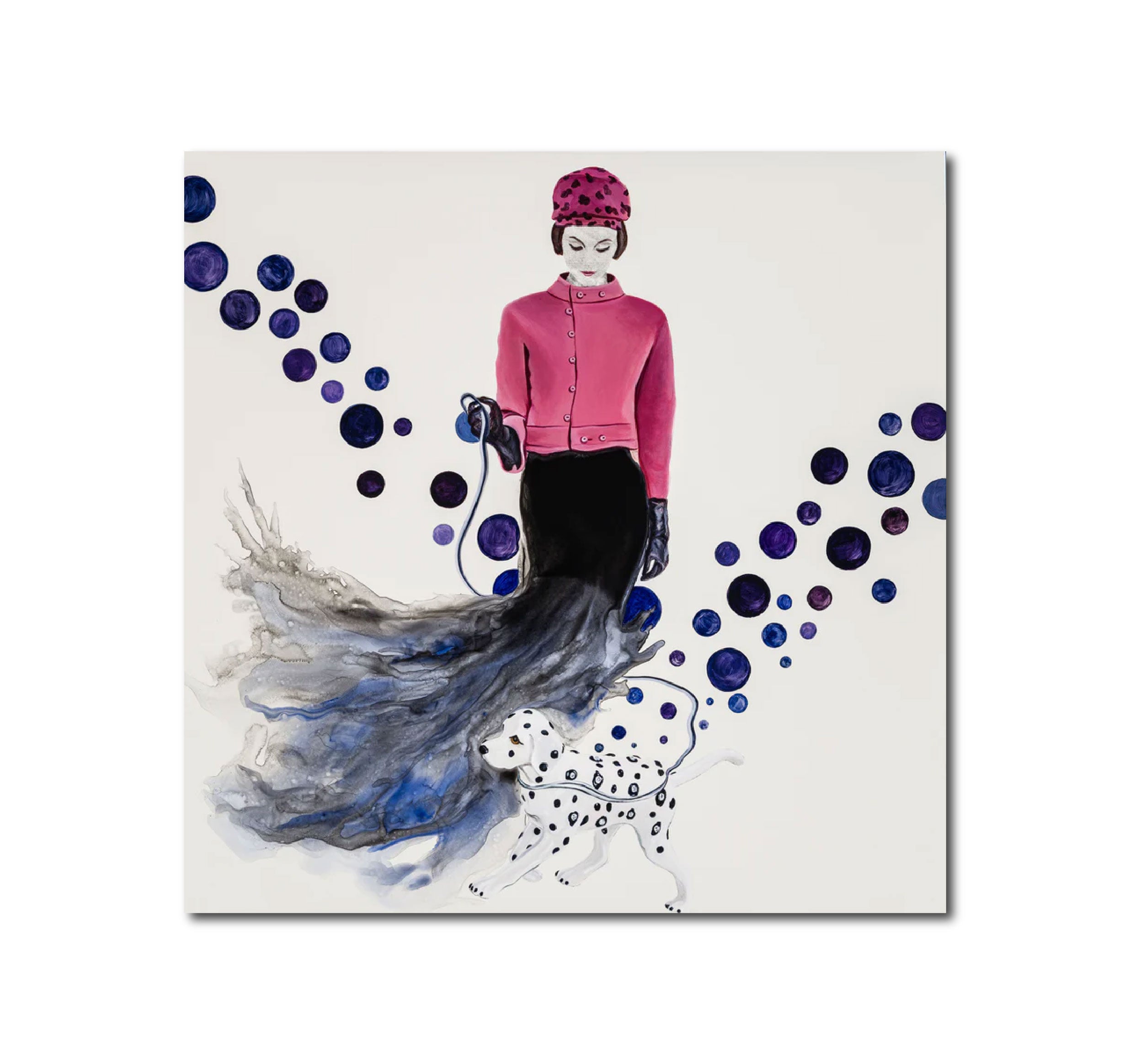 Acrylic Contemporary Design Figurative Ink Painting Surrealism 'THE DOG WALK' - Acrylic, ink and transfer on wood panel Sandra Mack-Valencia