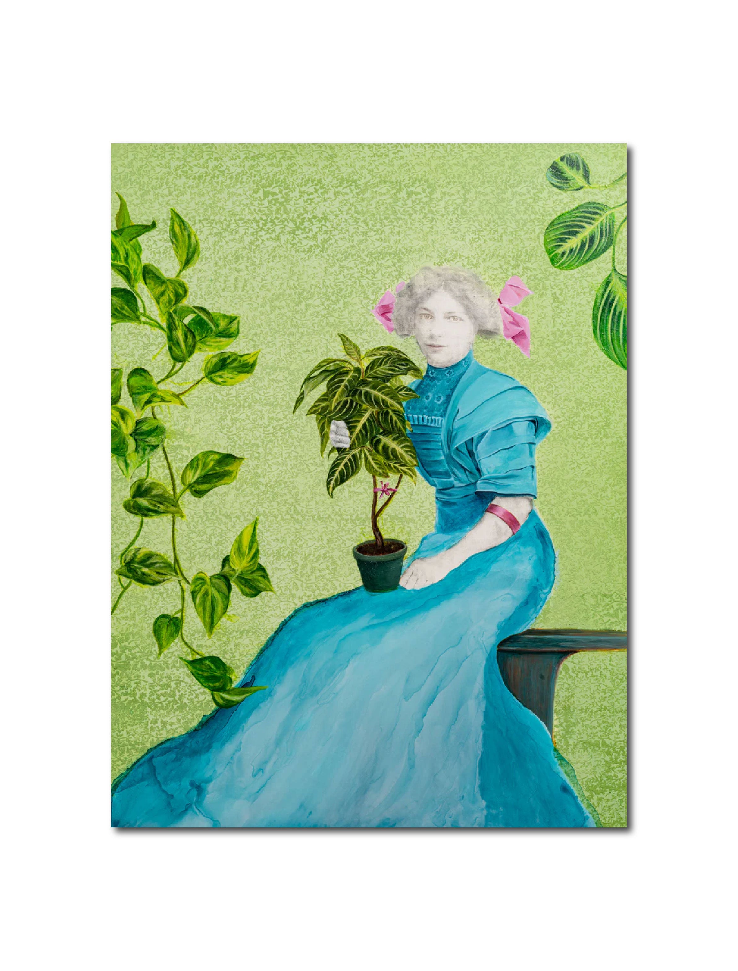 Acrylic Contemporary Design Figurative Ink Painting Surrealism 'PLANTERINA' - Acrylic and transfer on wood panel Sandra Mack-Valencia