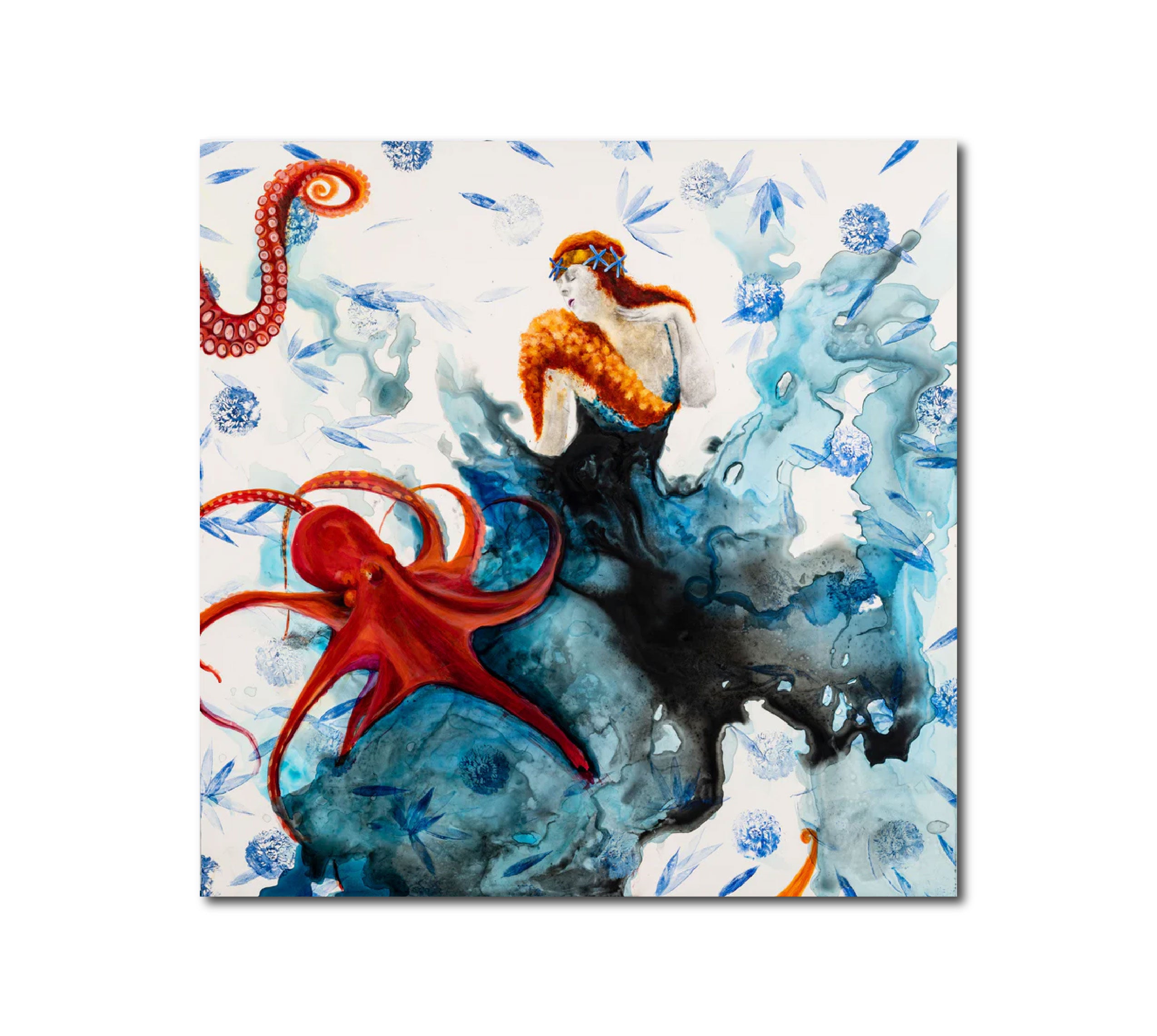 Acrylic Contemporary Design Figurative Ink Painting Surrealism 'MARINA' - Acrylic, ink and transfer on wood panel Sandra Mack-Valencia