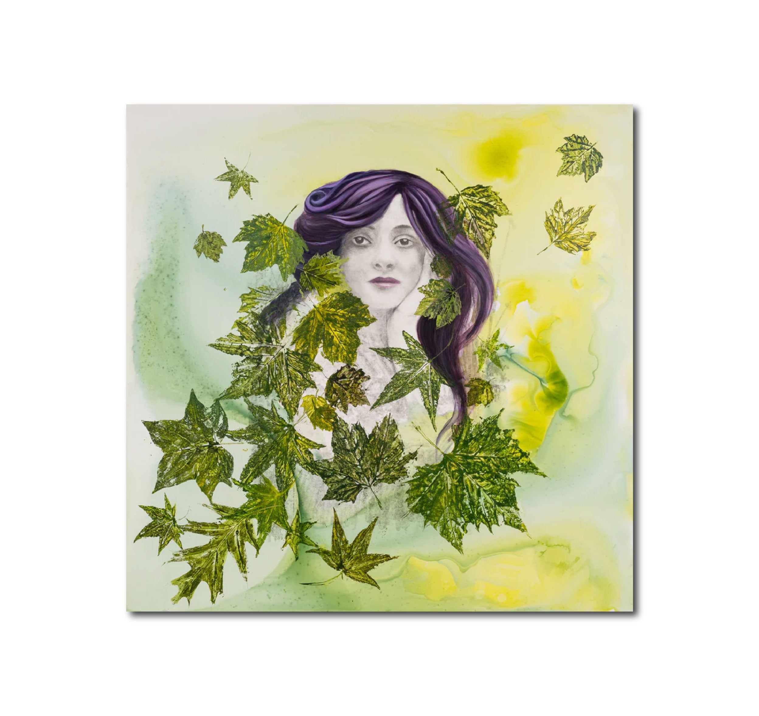 Acrylic Contemporary Design Figurative Ink Painting Surrealism 'FLORA' - Painting, Acrylic, Ink, and Transfer on wood panel Sandra Mack-Valencia