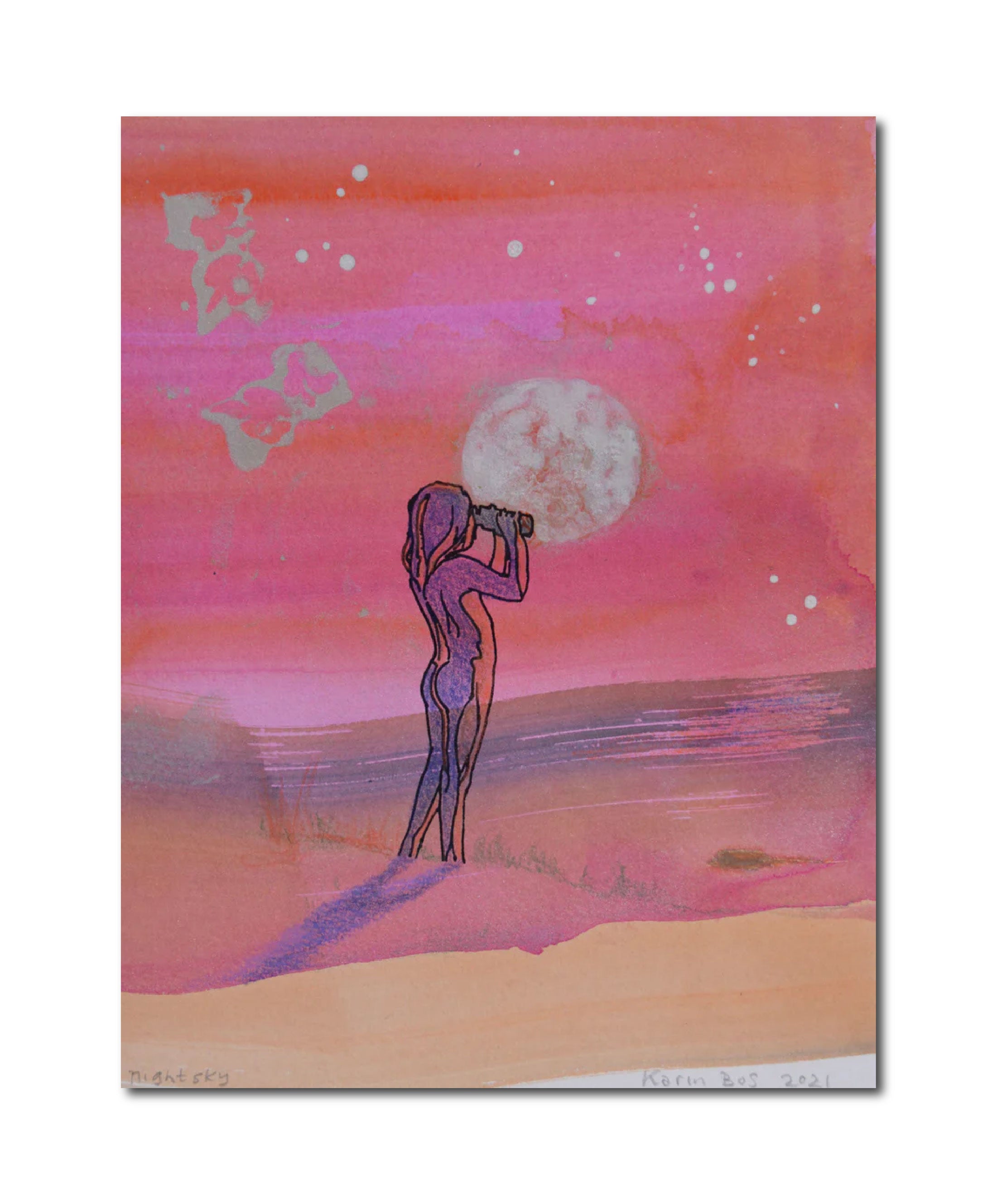 Contemporary Figurative Landscape Painting Watercolor 'NIGHT SKY' - Gouache, Pencil, Screenprint on Paper Karin Bos
