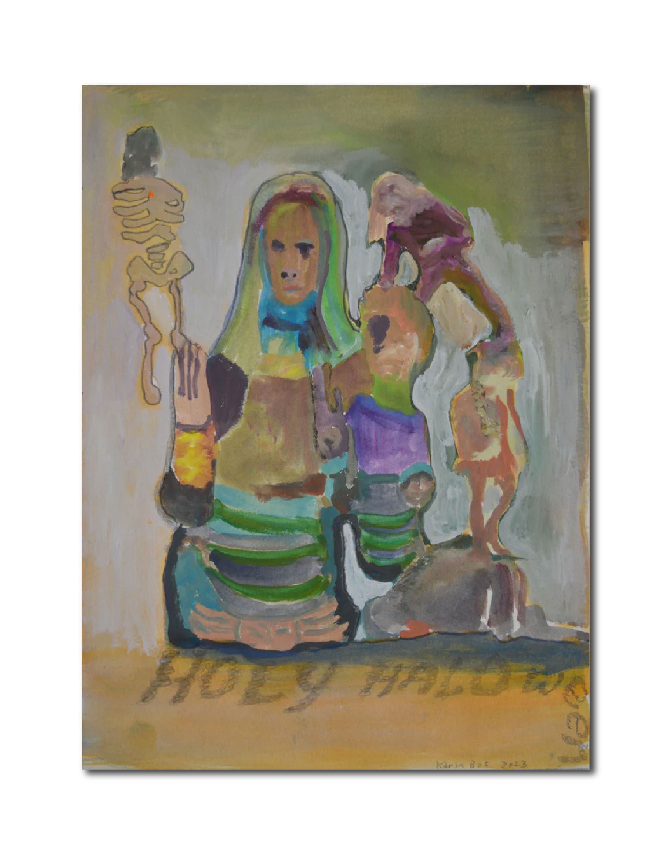 Contemporary Figurative Painting Watercolor 'HOLY HALLOWEEN' - Gouache and Pencil on Paper Karin Bos