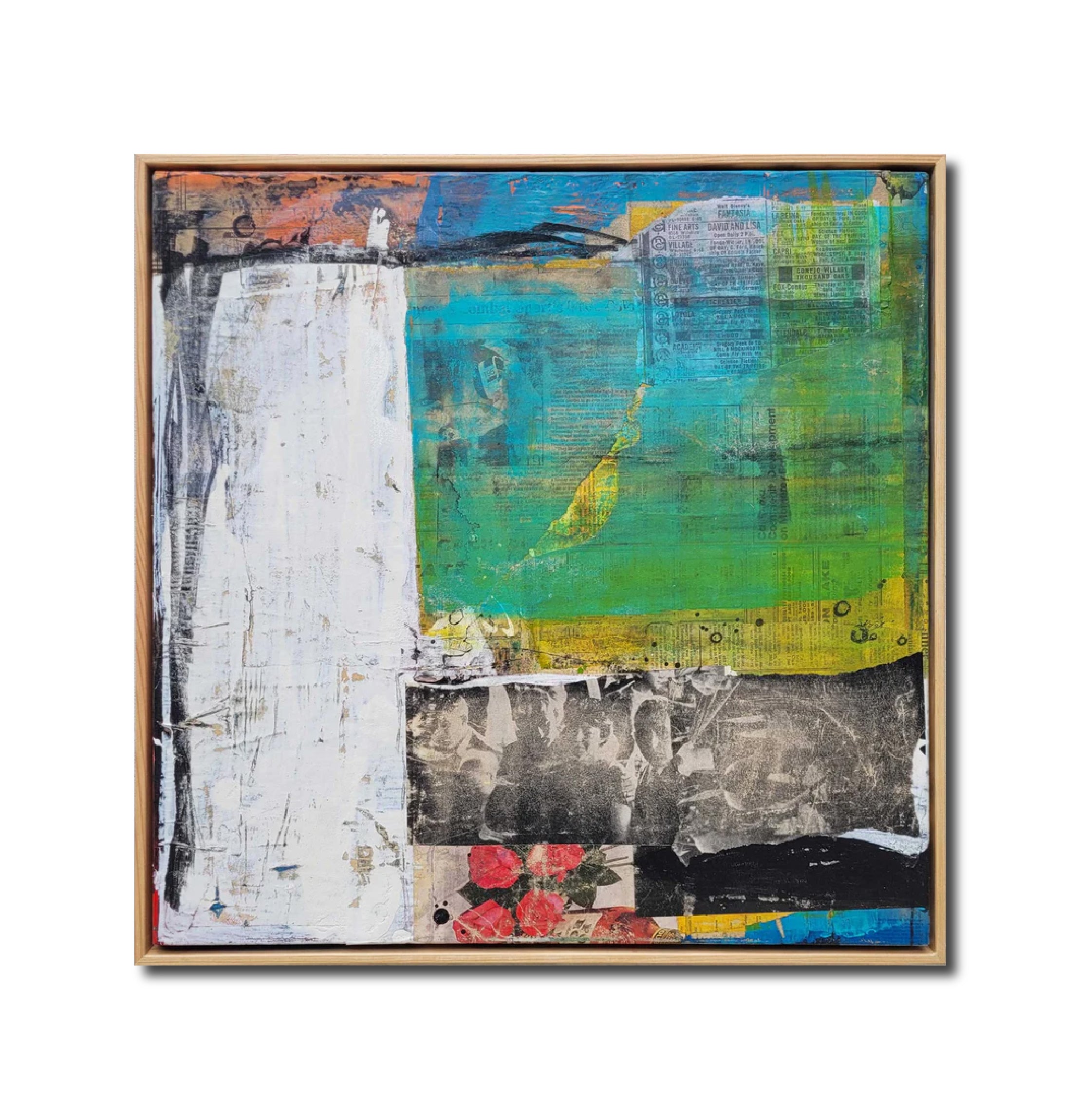 Abstract Paint wood 'STARS! LIGHTS! MUSIC!' - Vintage Newspaper & Paint on Wood Panel Dale Voelker
