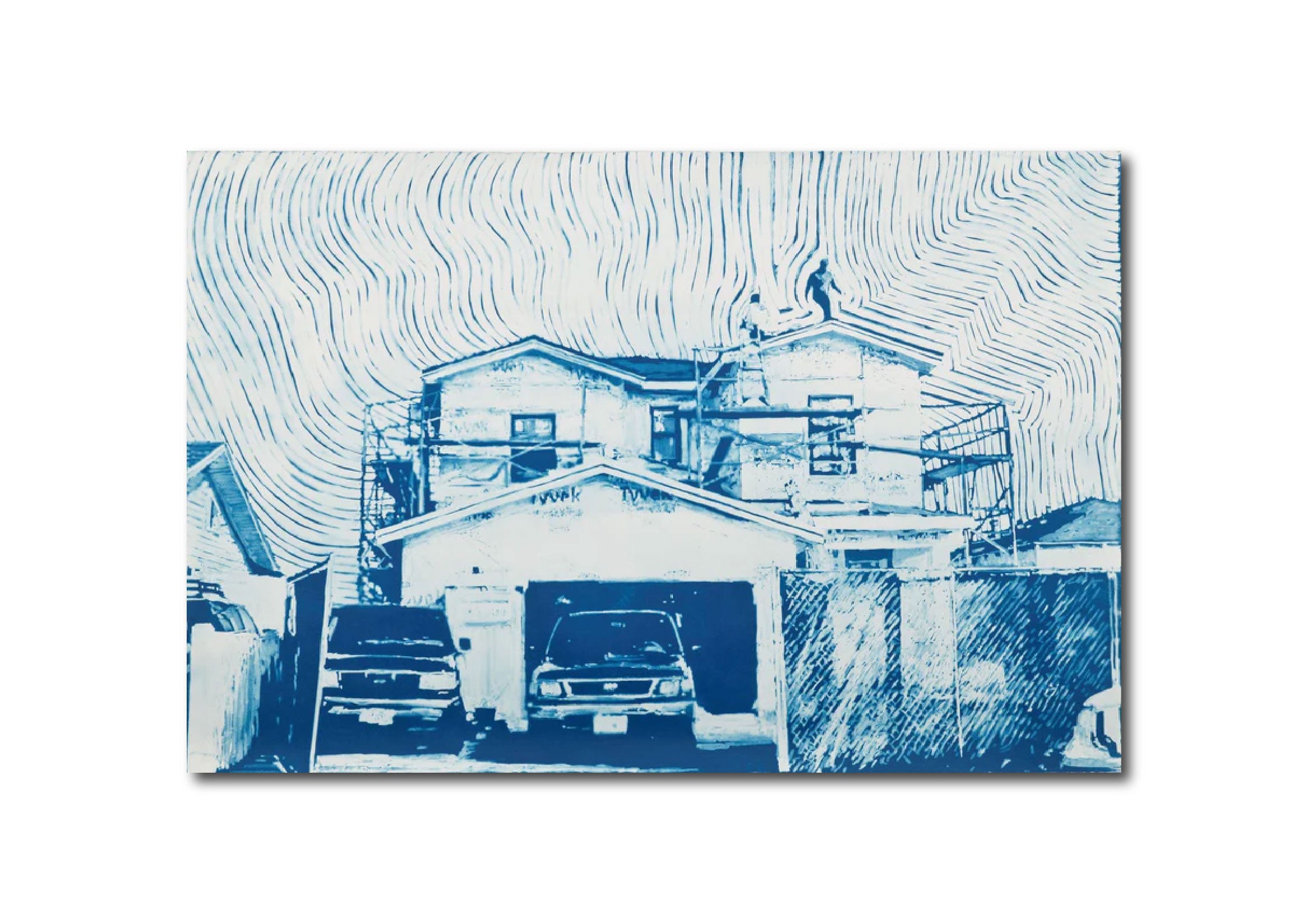 Abstract Contemporary Digital Figurative Psychedelic Surrealism 'GRAND VIEW- 2 TRUCKS, TWO WORKERS ON ROOF' - Cyanotype on Paper Michael Shaw