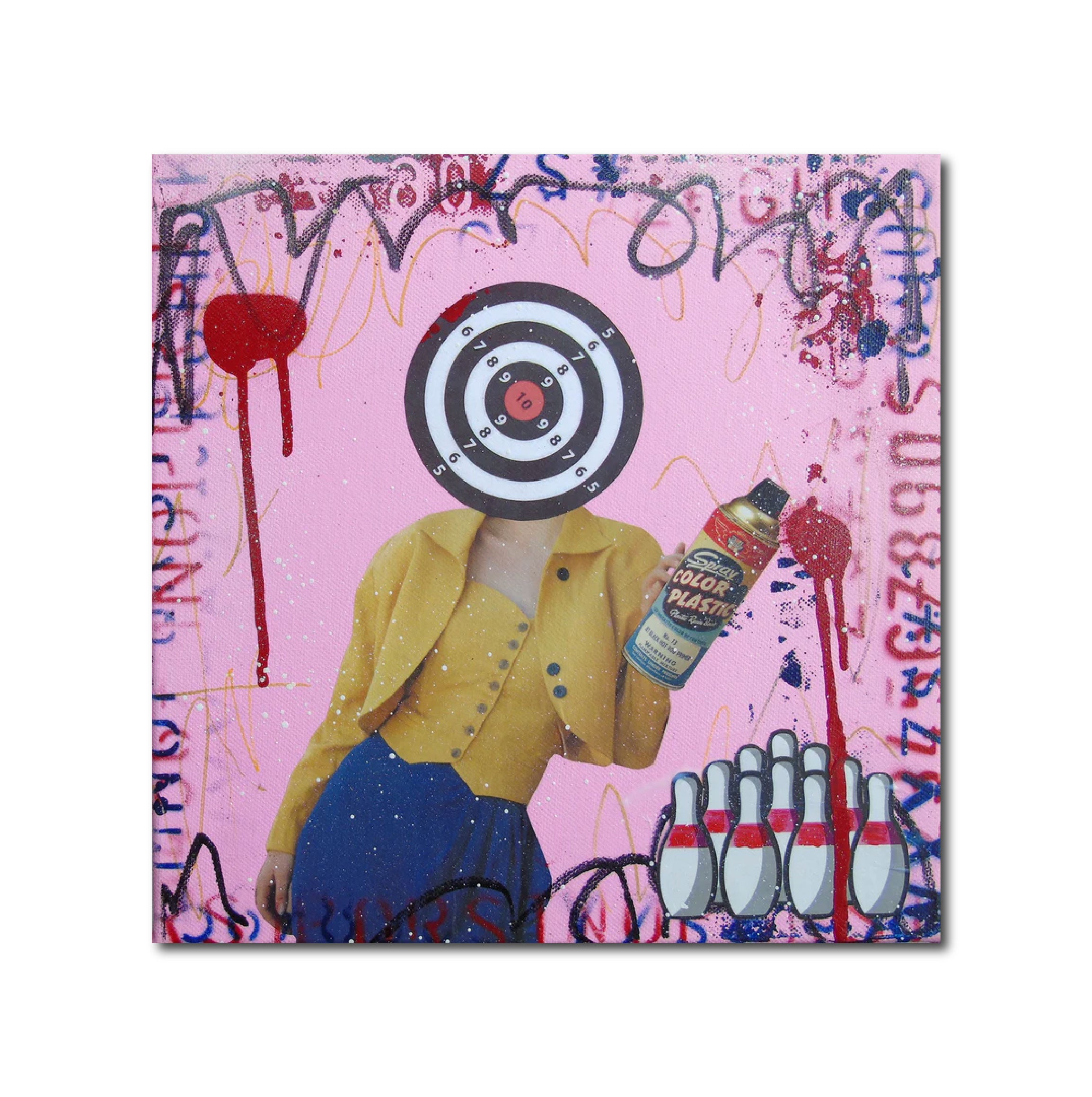 Abstract Acrylic Collage Contemporary Expressionist Figurative Surrealism Visionary 'BOWLED OVER' - Mixed media on canvas Lorette C. Luzajic